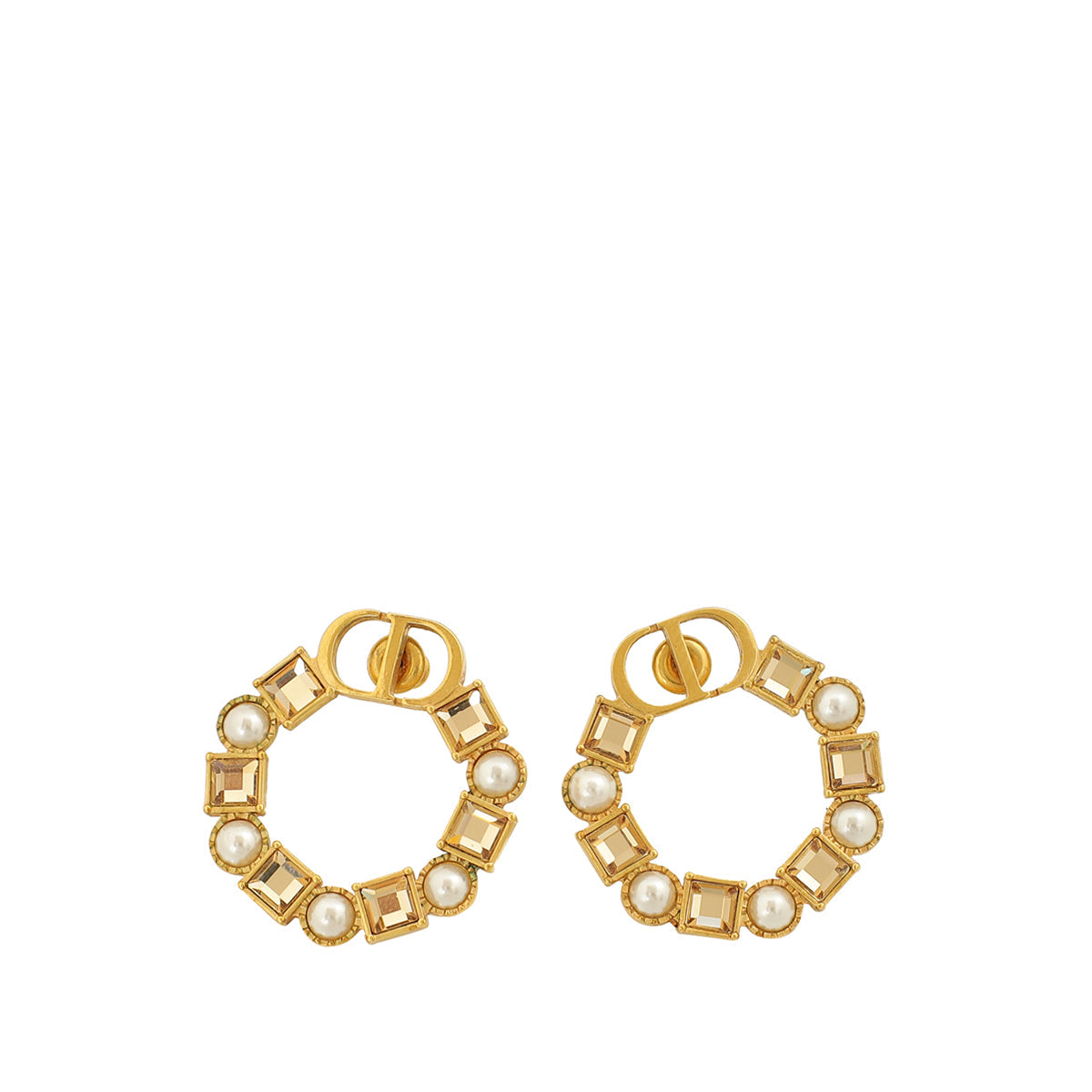 Christian Dior Gold Petit CD Crystal Pearl Earrings