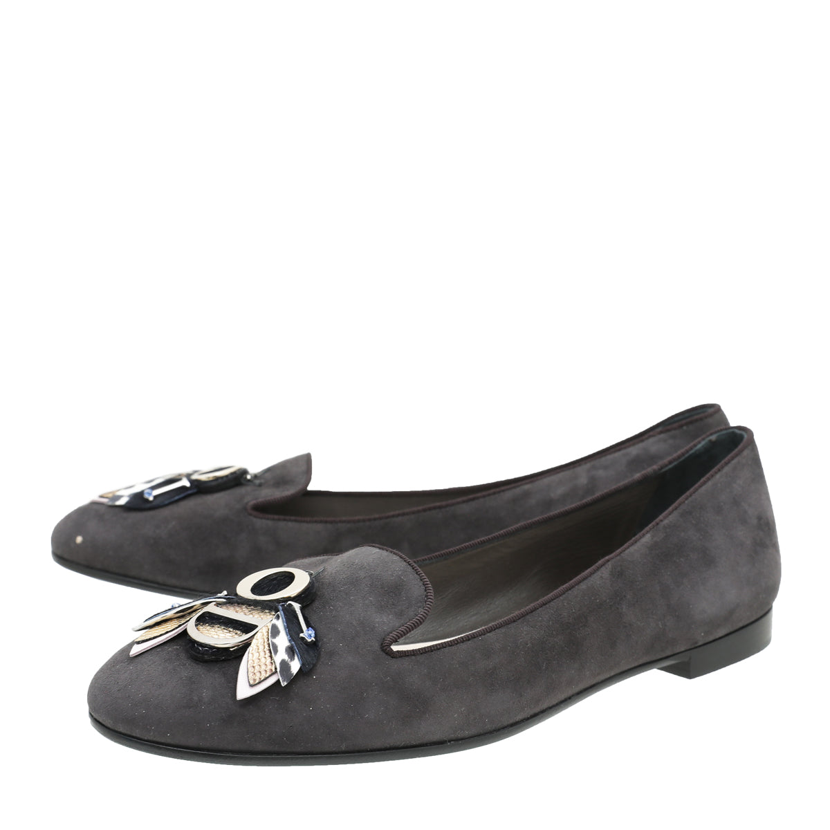 Christian Dior Deep Grey Suede Butterfly Embellished Flat Ballerina 38