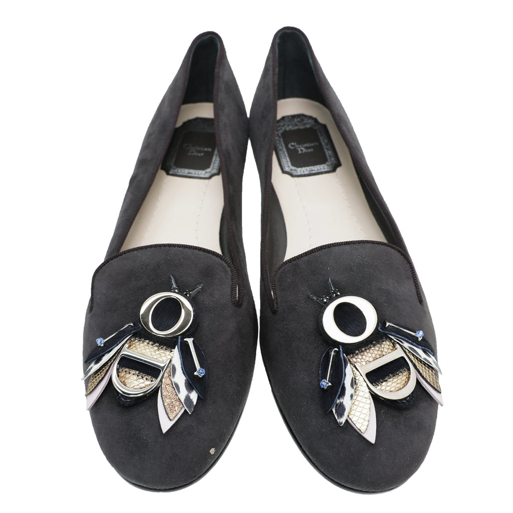 Christian Dior Deep Grey Suede Butterfly Embellished Flat Ballerina 38
