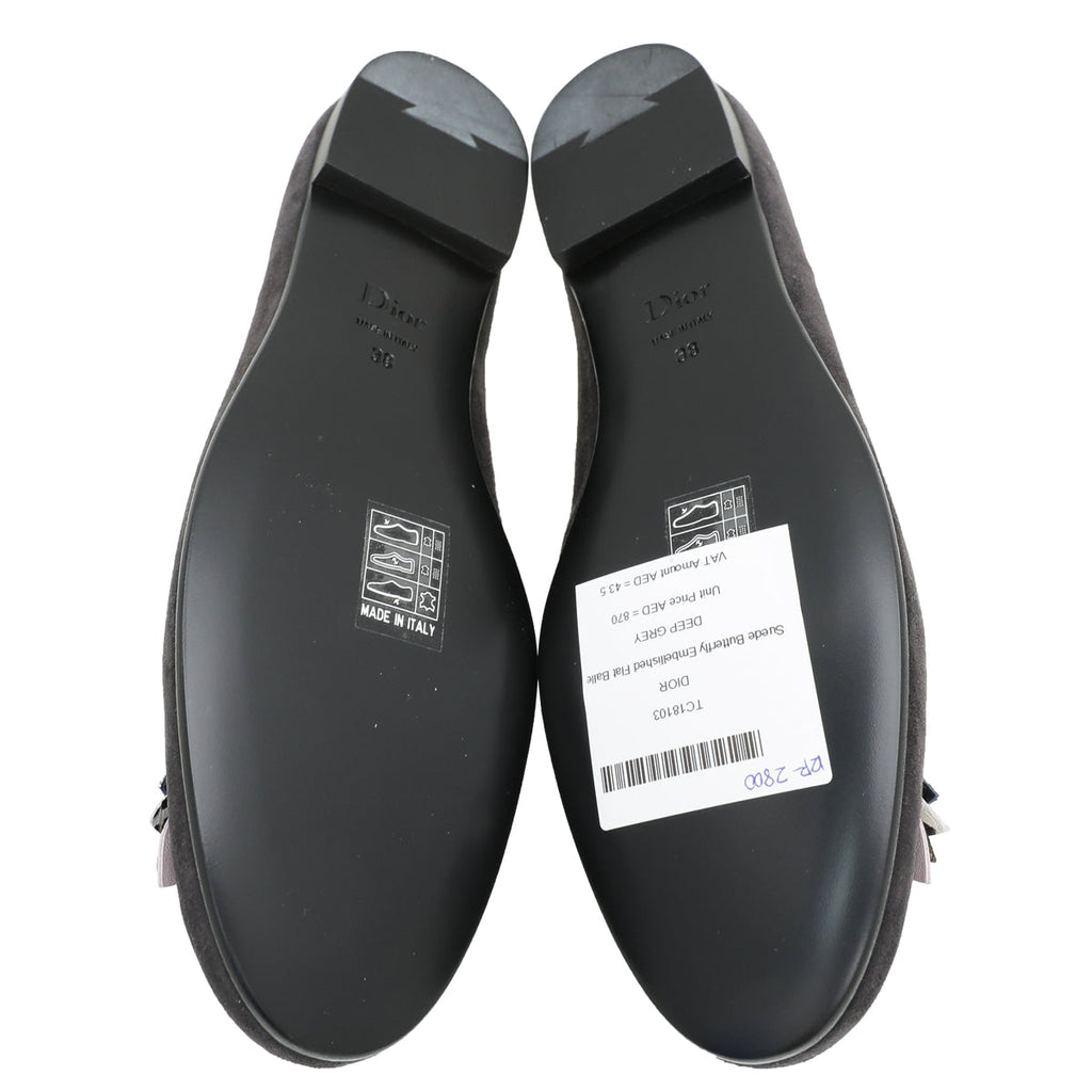 Christian Dior Deep Grey Suede Butterfly Embellished Flat Ballerina 38