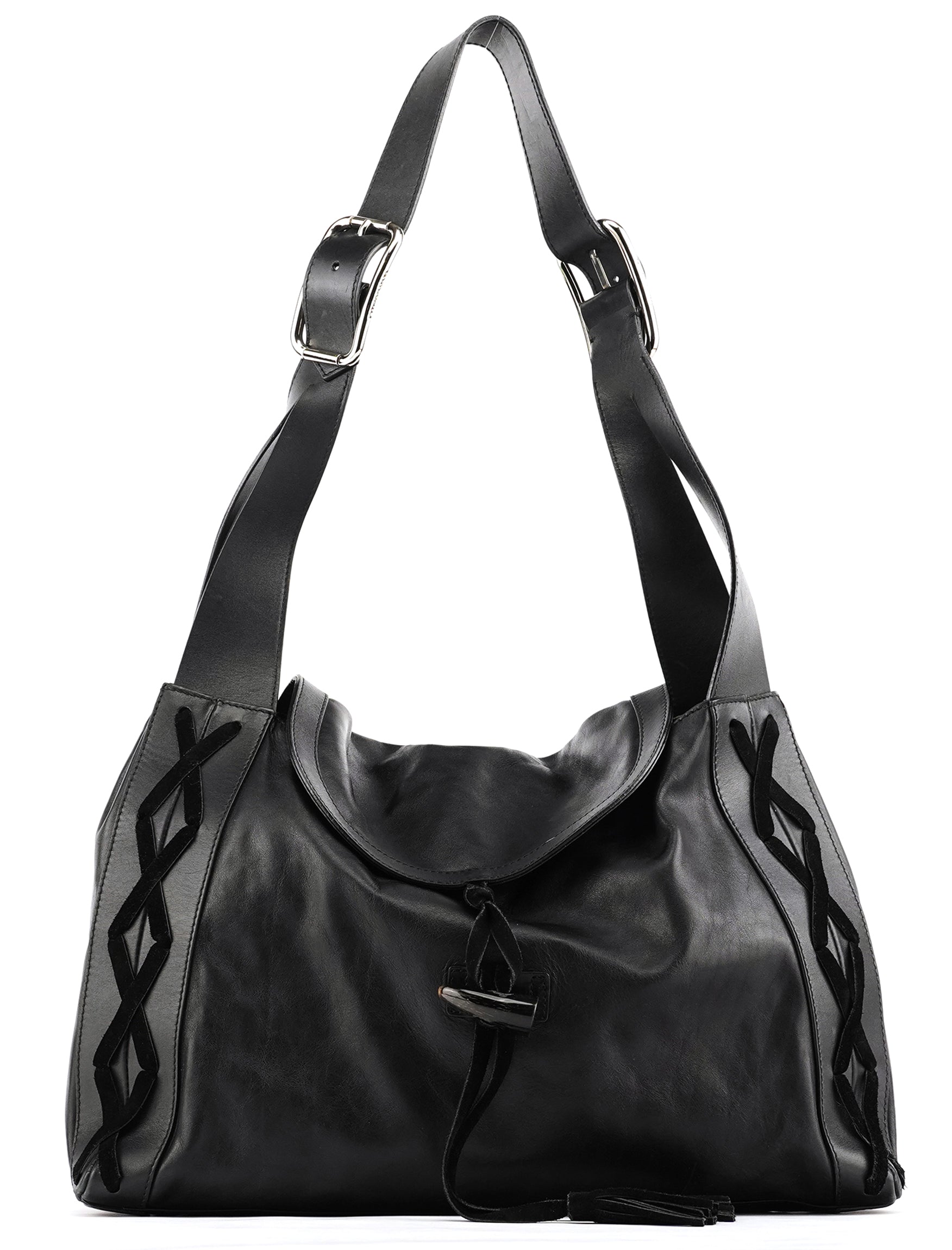 Black Calfskin Leather Horn Hobo Bag