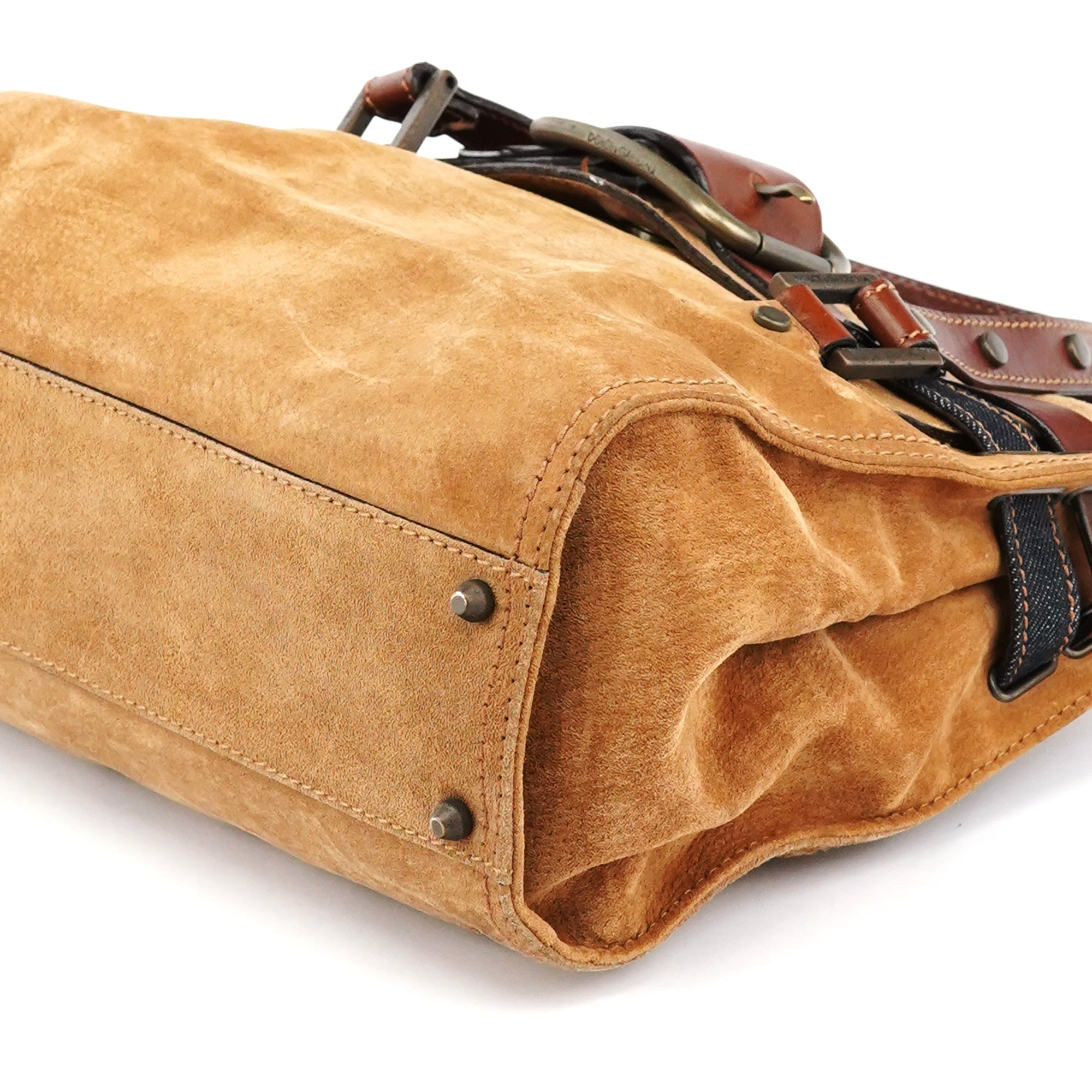 Beige Brown Suede Belt Tote Bag