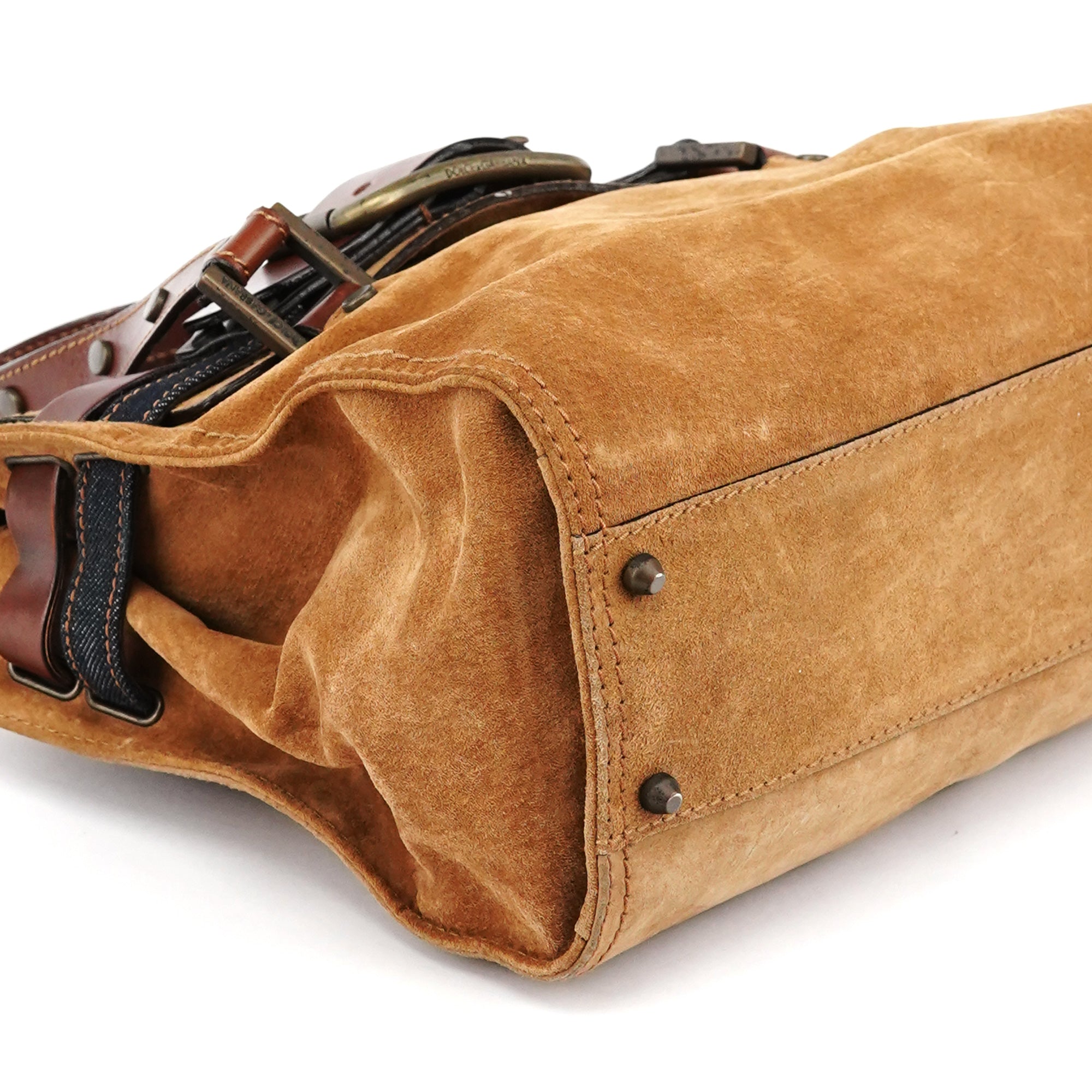 Beige Brown Suede Belt Tote Bag