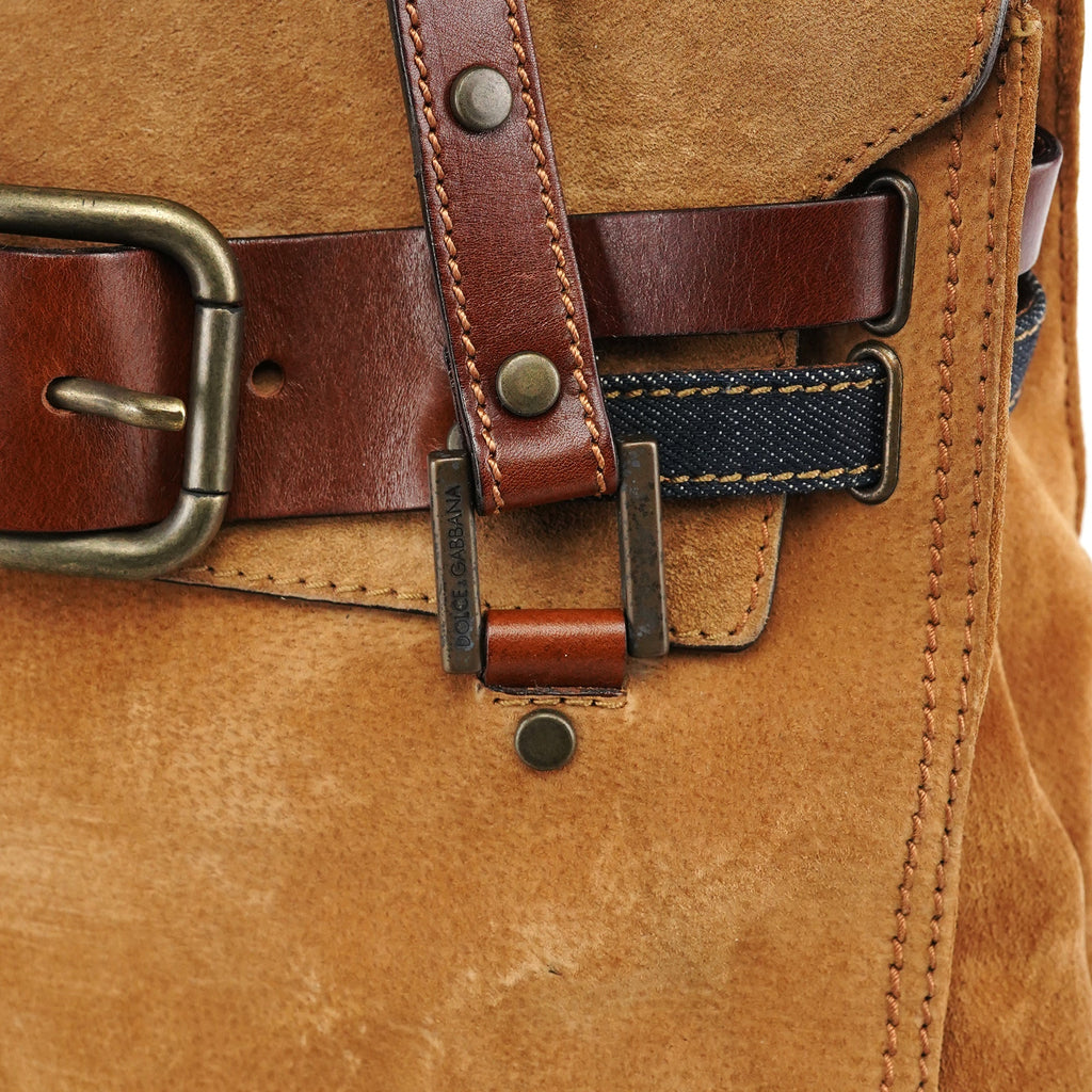Beige Brown Suede Belt Tote Bag
