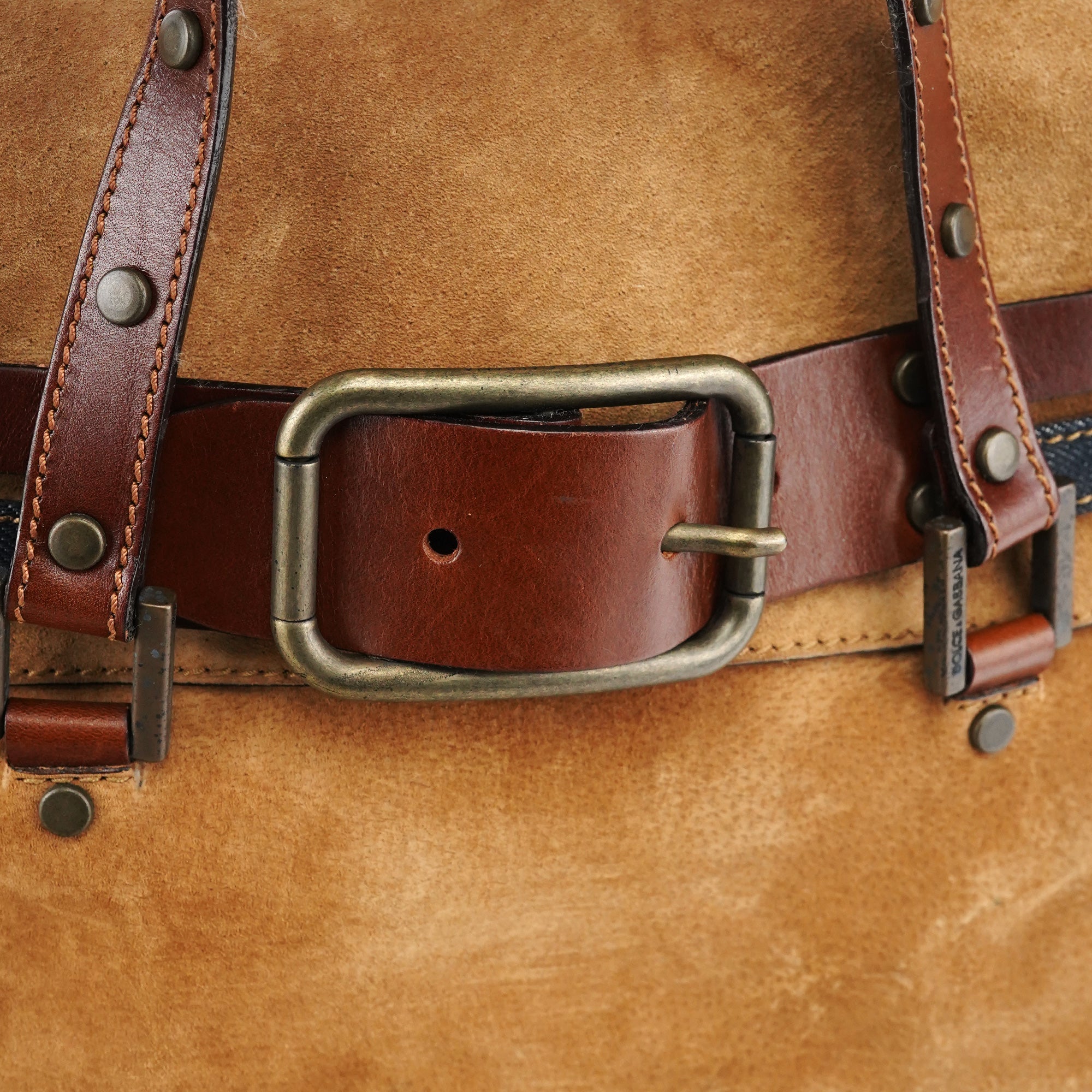 Beige Brown Suede Belt Tote Bag
