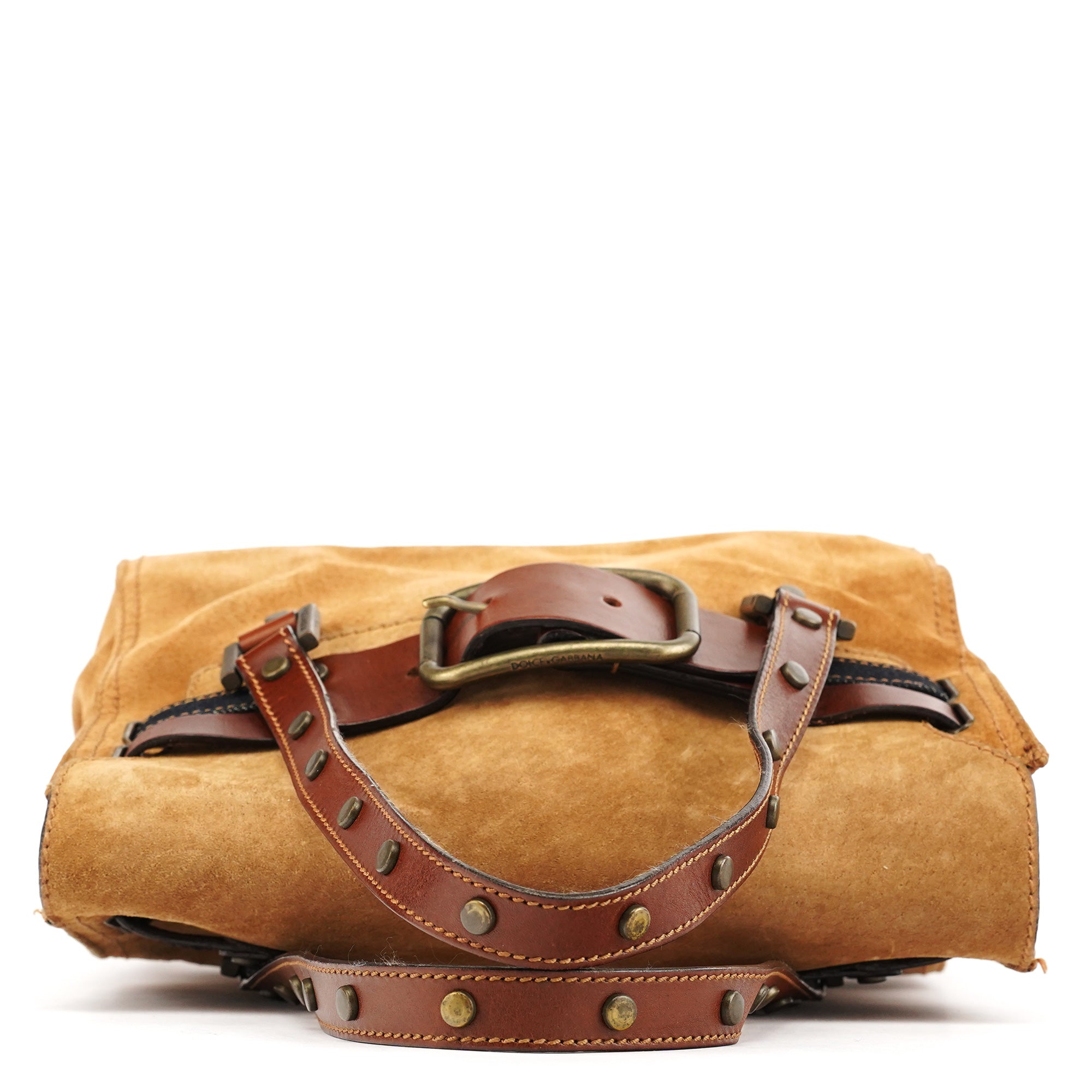 Beige Brown Suede Belt Tote Bag