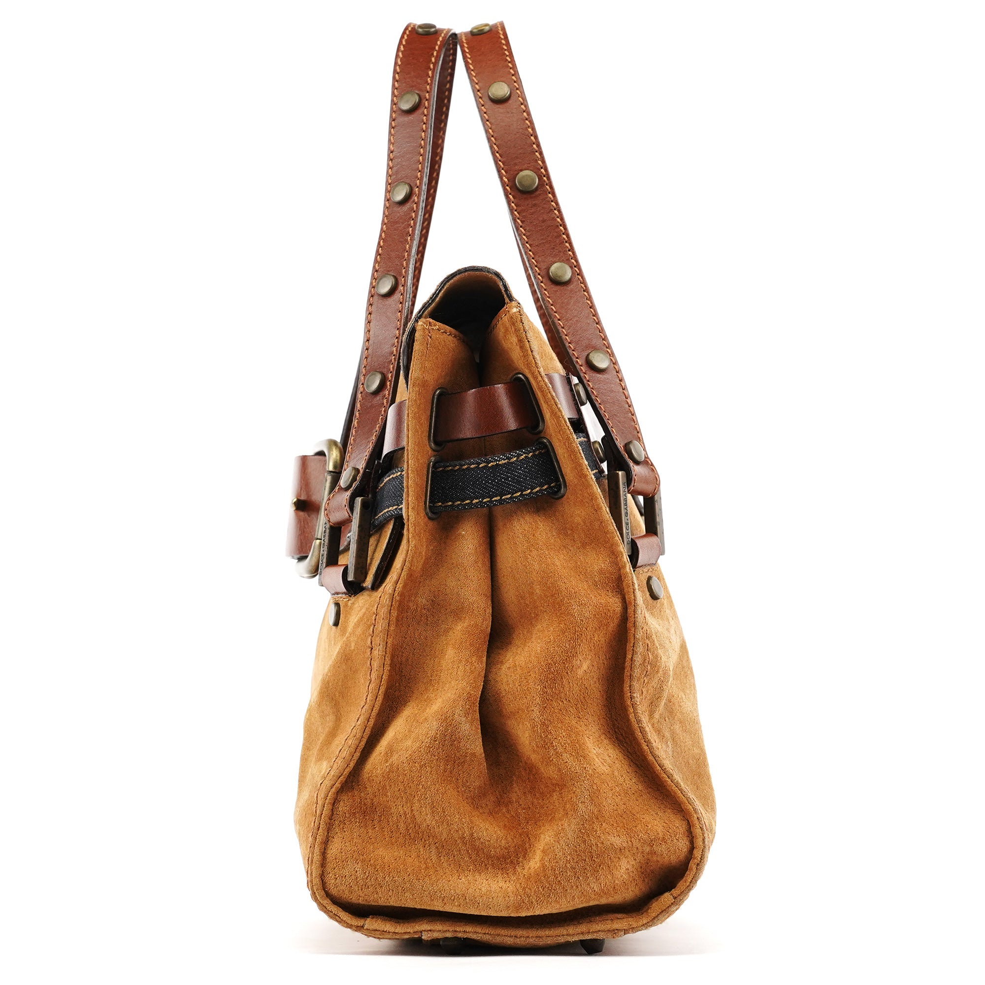 Beige Brown Suede Belt Tote Bag