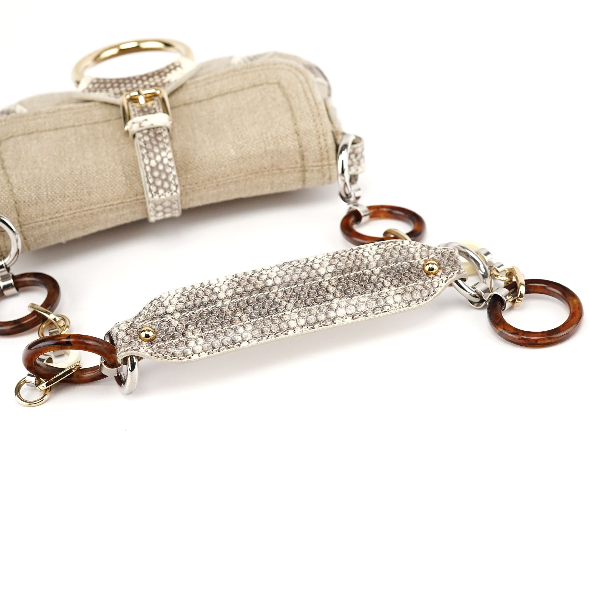 Beige Canvas Snakeskin Shoulder Bag