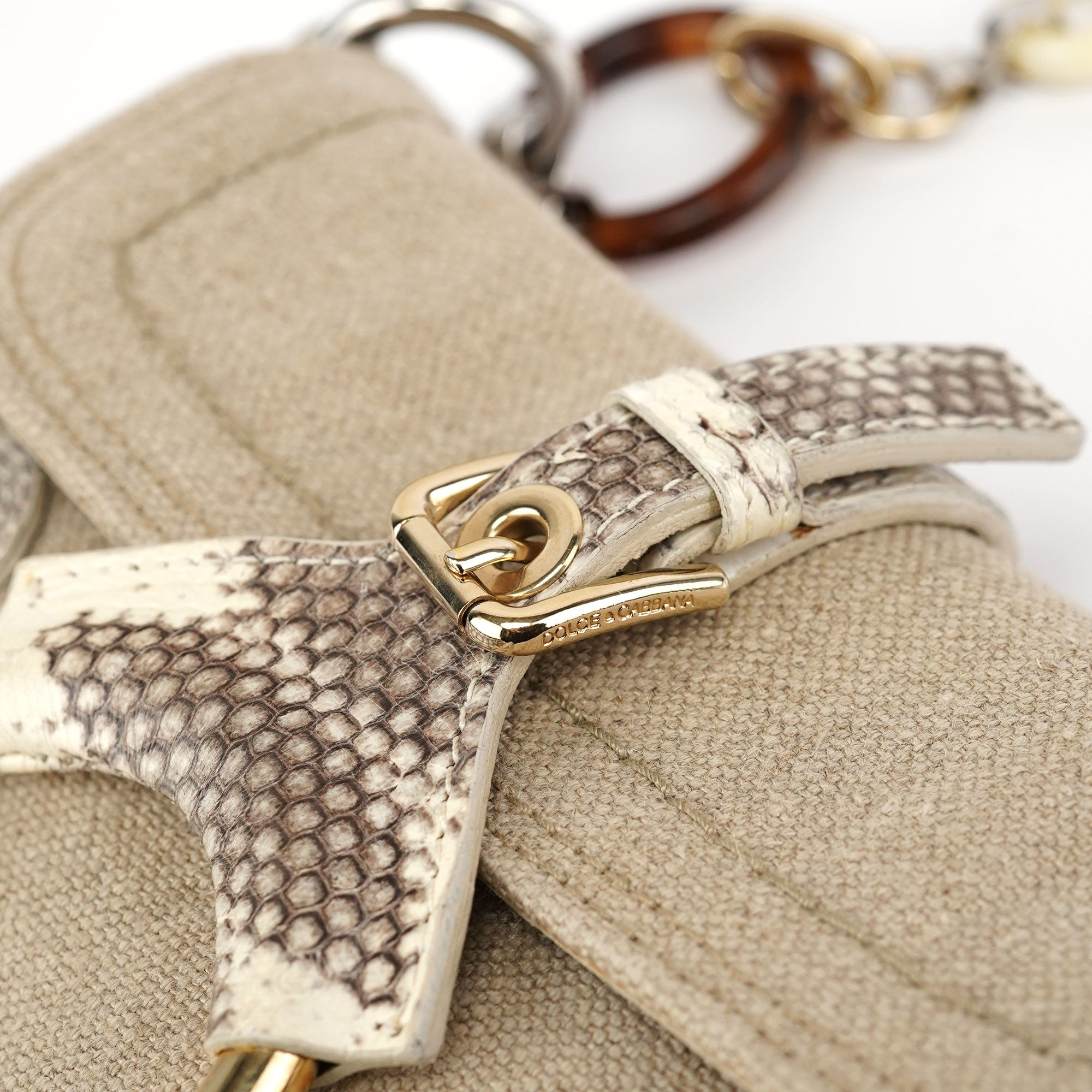 Beige Canvas Snakeskin Shoulder Bag