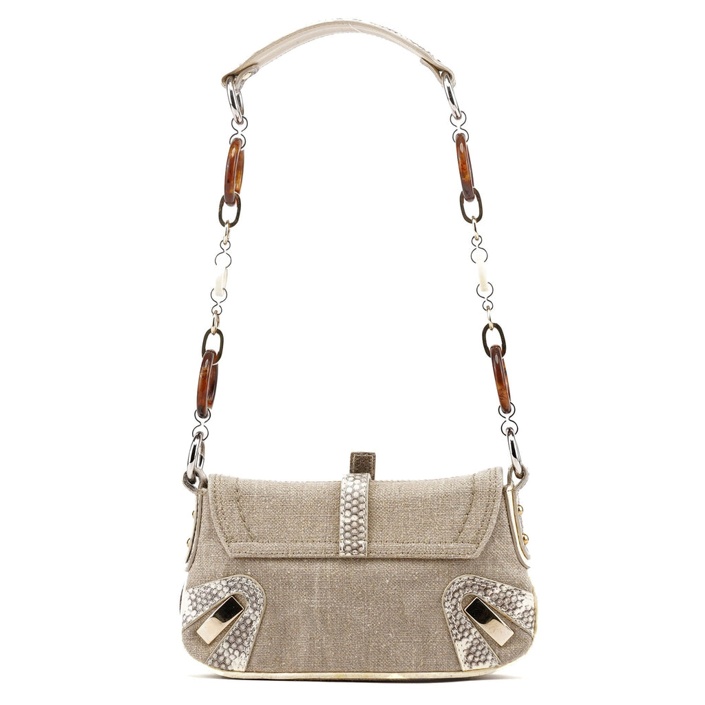 Beige Canvas Snakeskin Shoulder Bag