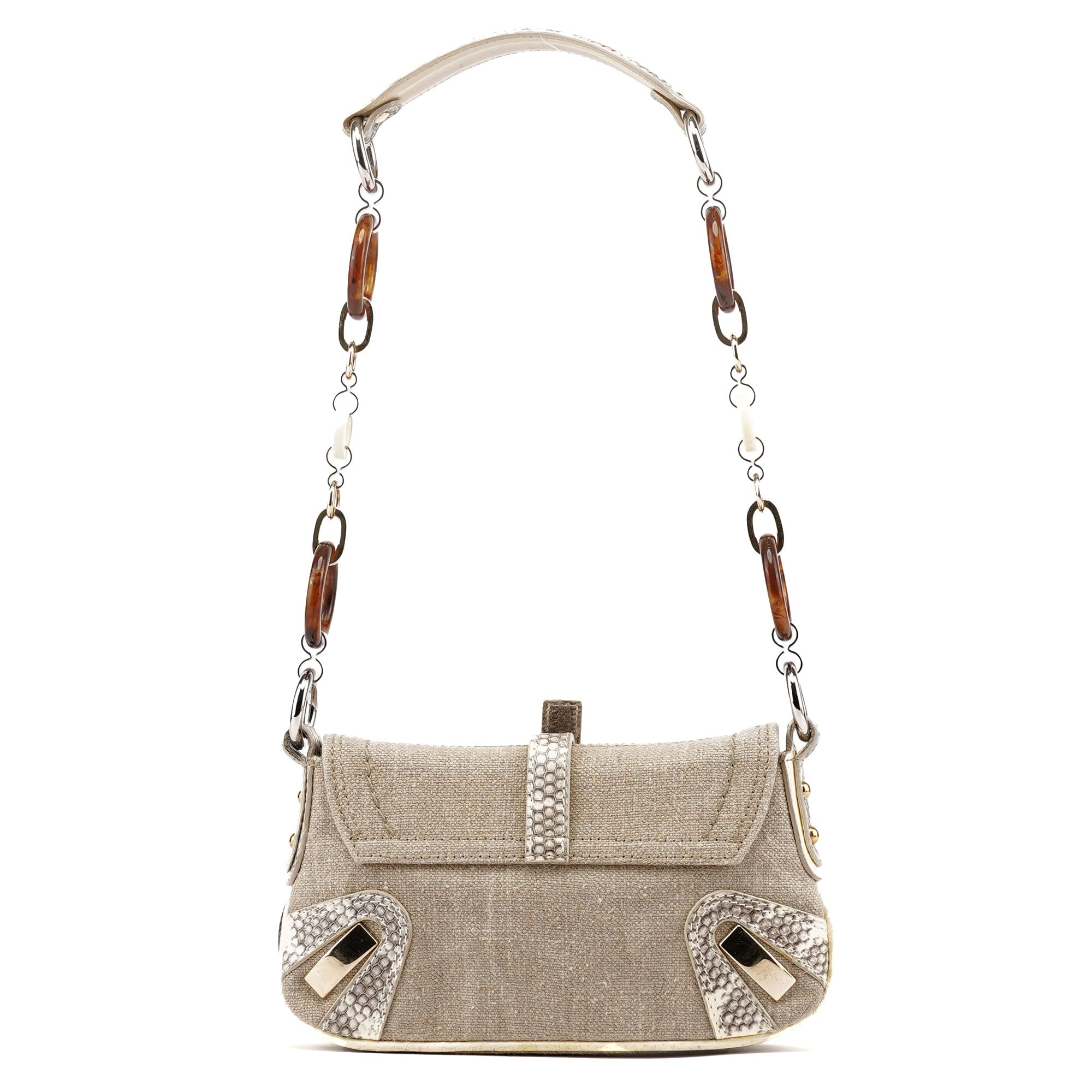 Beige Canvas Snakeskin Shoulder Bag