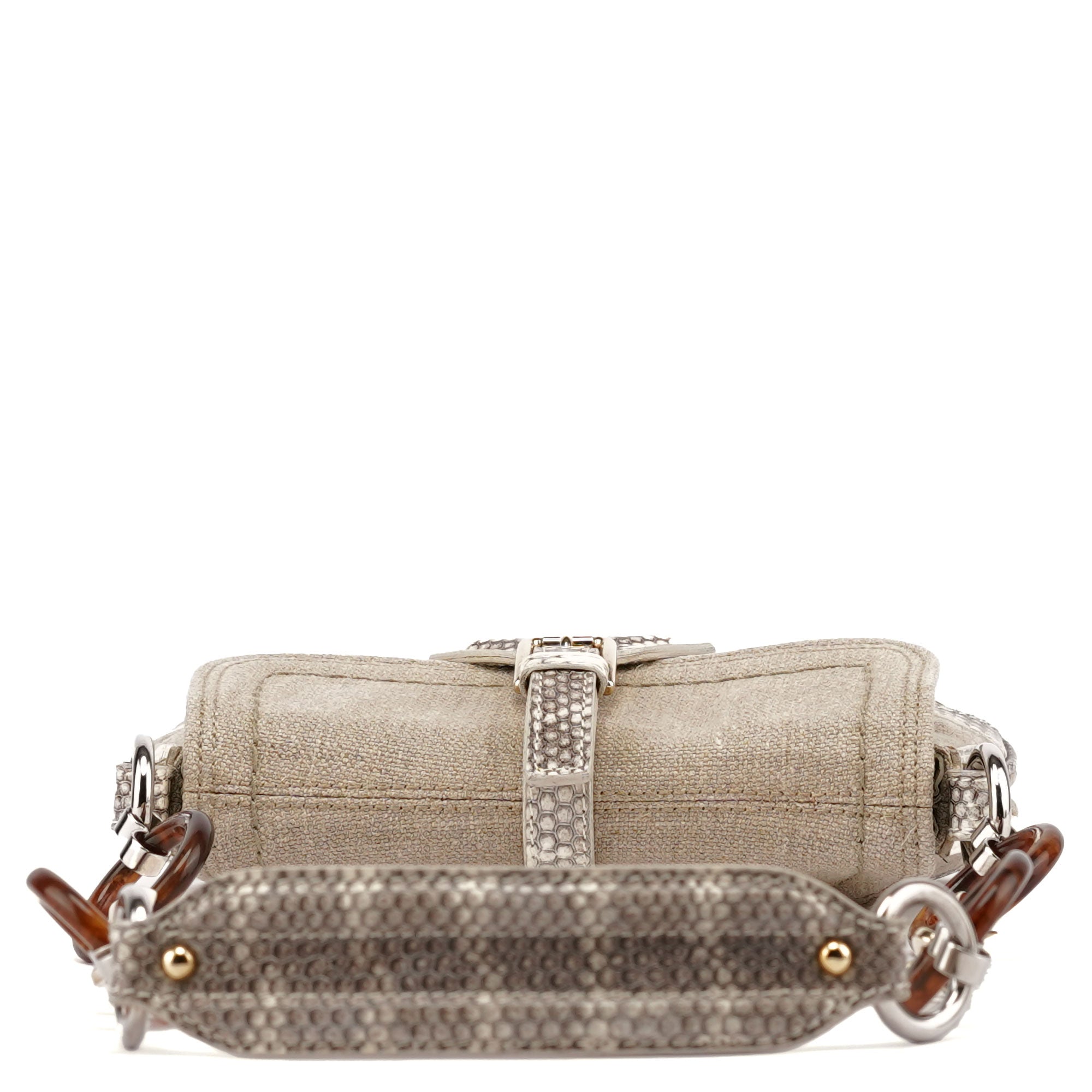 Beige Canvas Snakeskin Shoulder Bag