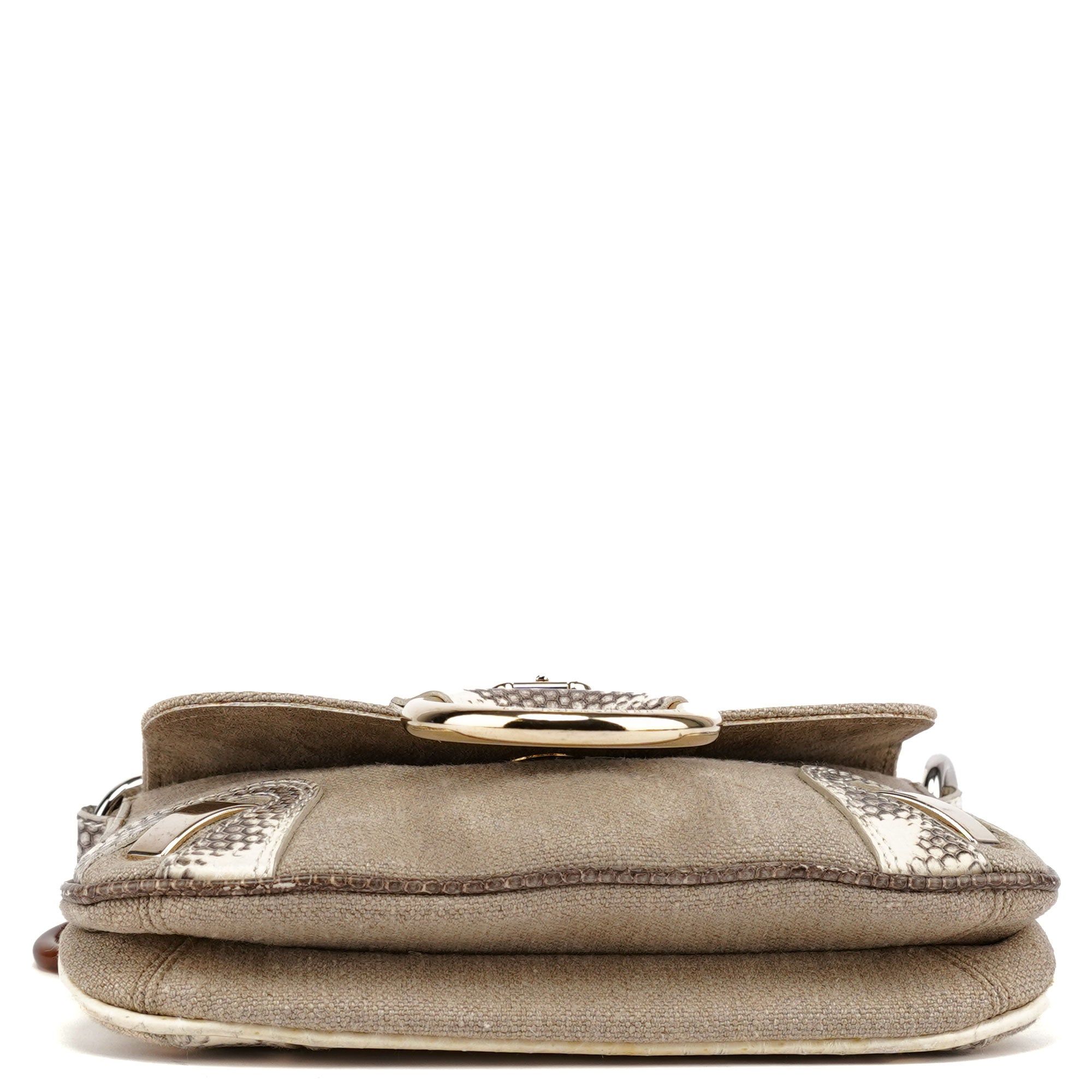 Beige Canvas Snakeskin Shoulder Bag