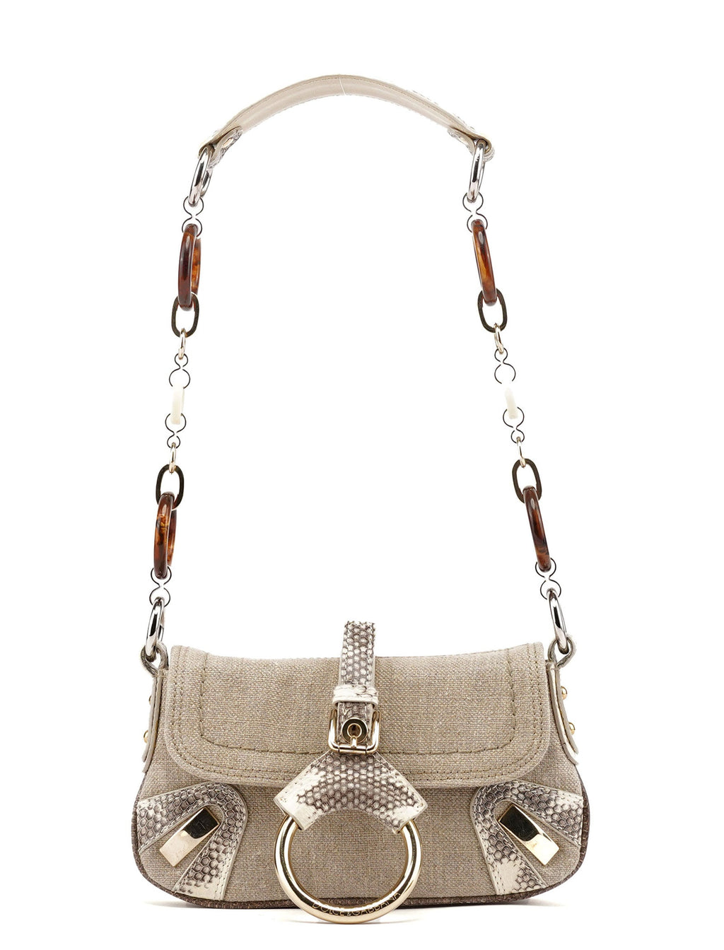 Beige Canvas Snakeskin Shoulder Bag