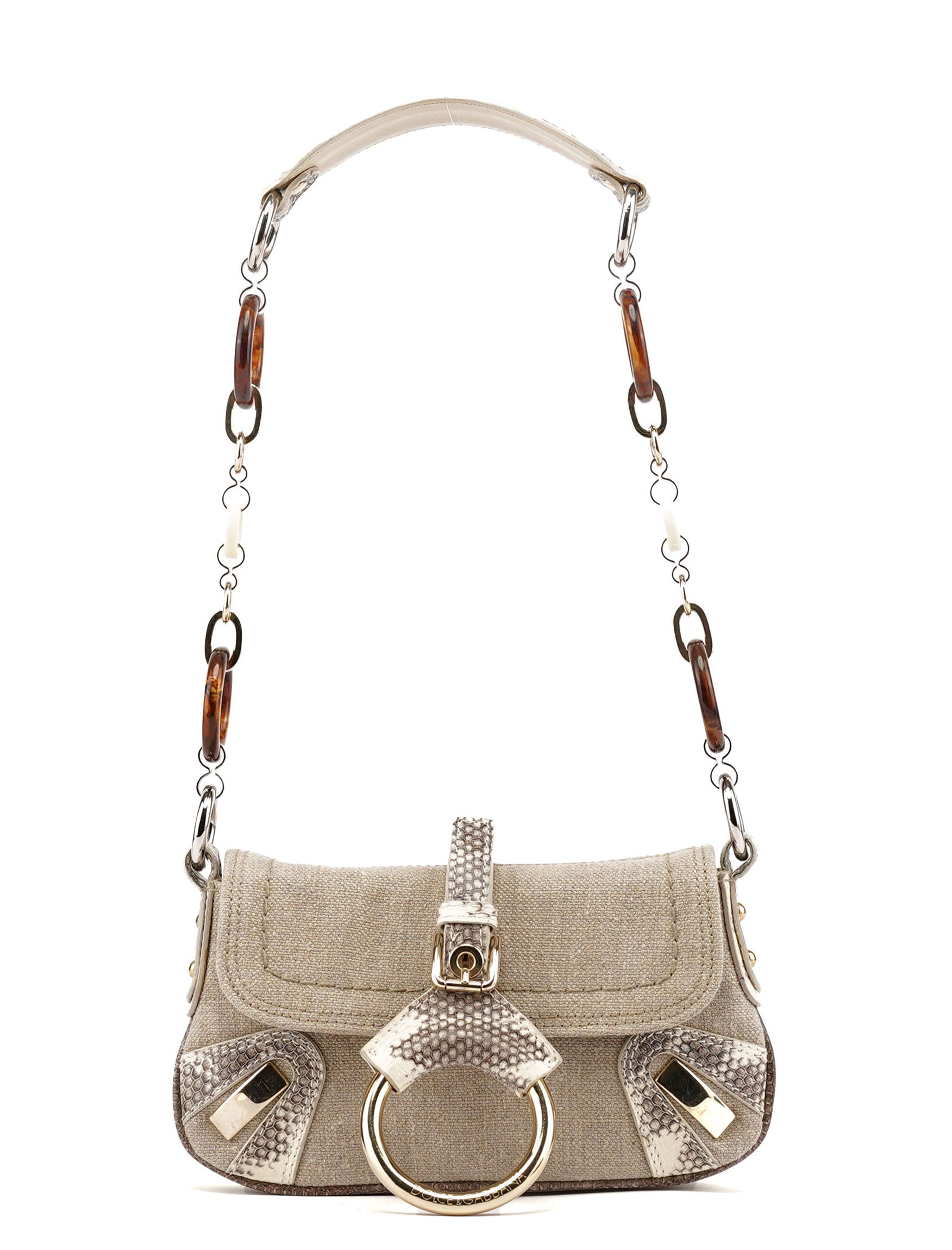 Beige Canvas Snakeskin Shoulder Bag