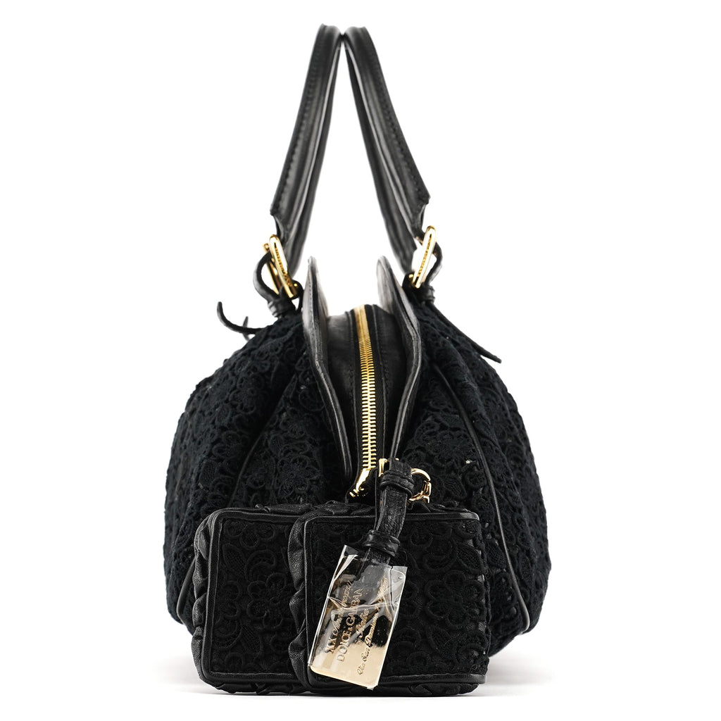 Black Lace Leather Boston Bag