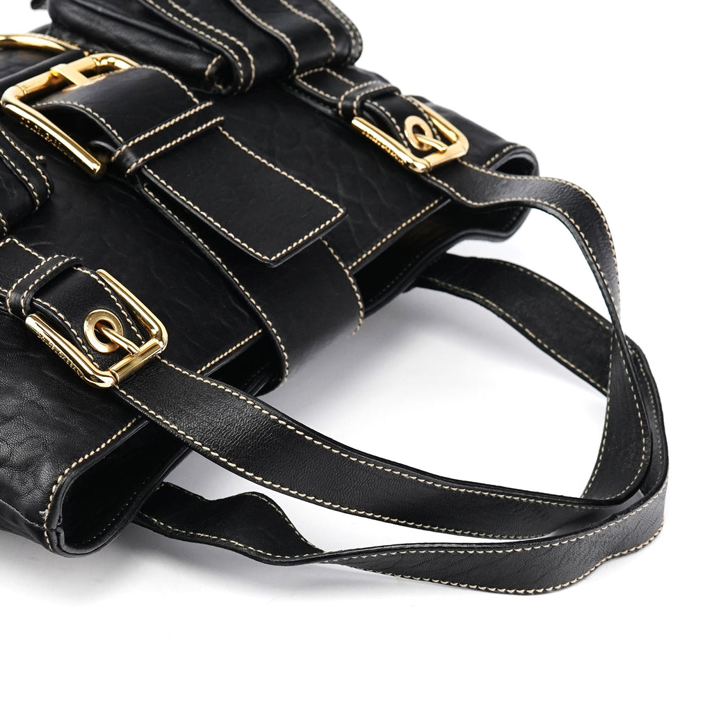 Black Leather Pocket Tote Bag