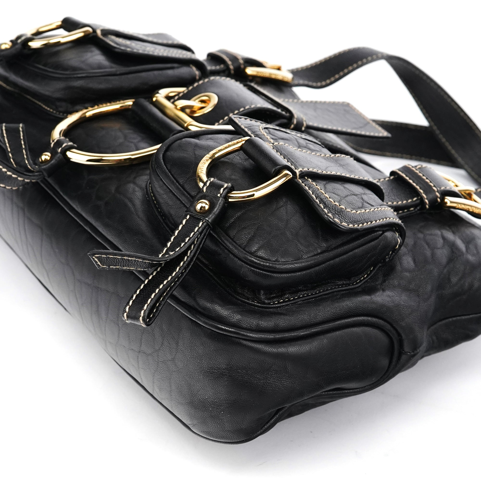 Black Leather Pocket Tote Bag