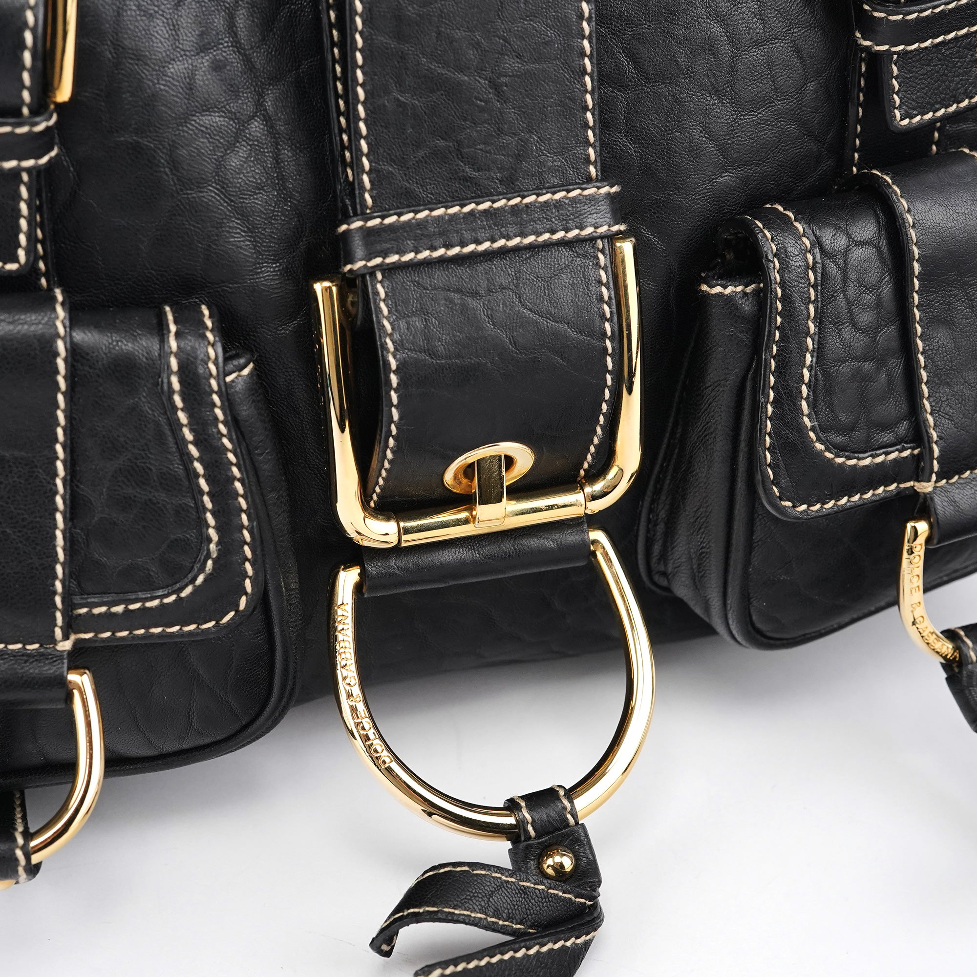 Black Leather Pocket Tote Bag
