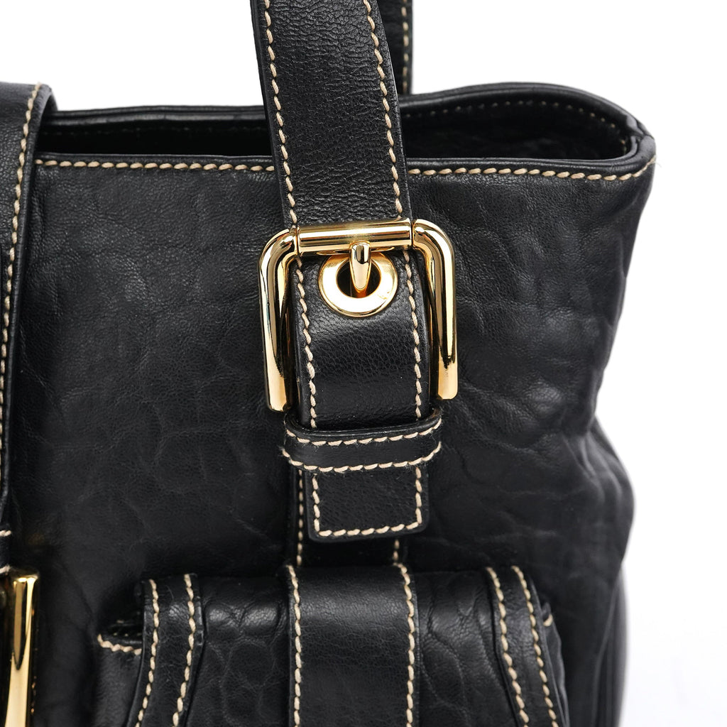 Black Leather Pocket Tote Bag