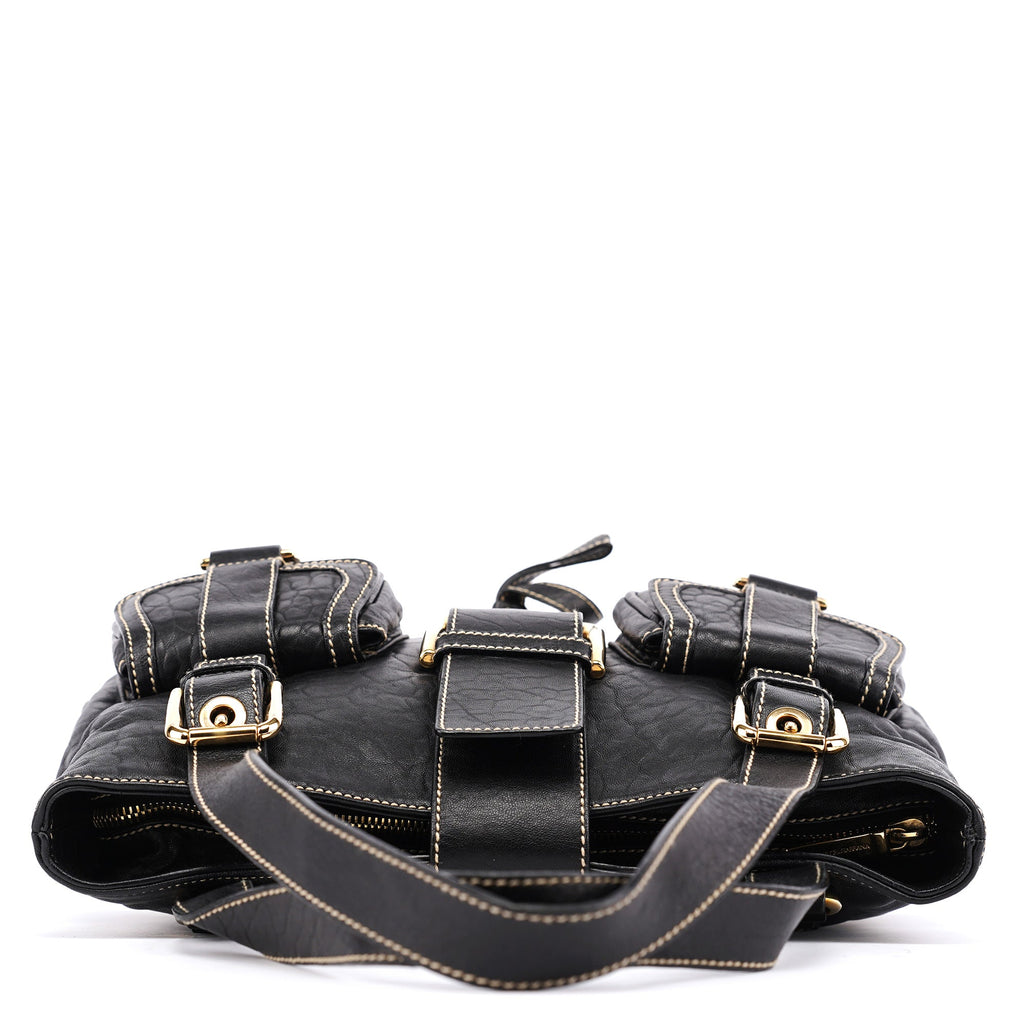 Black Leather Pocket Tote Bag