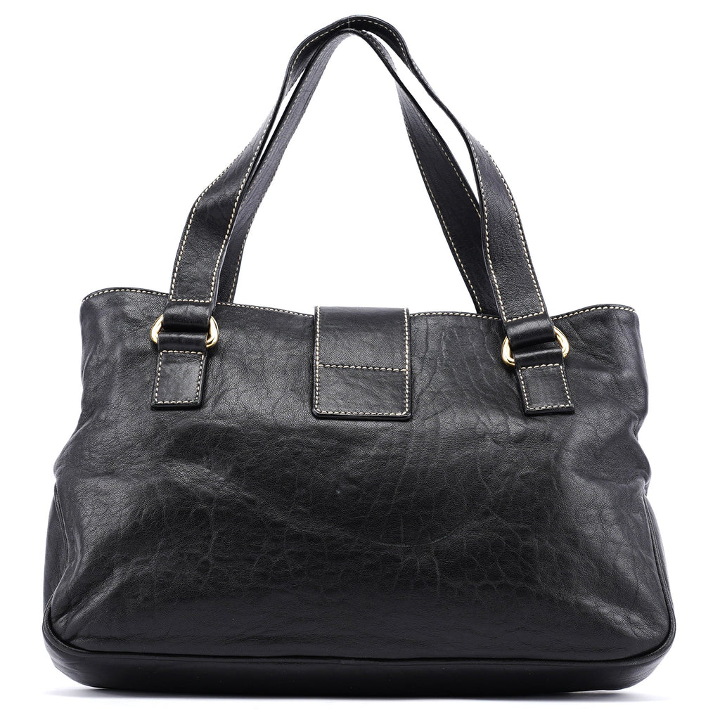 Black Leather Pocket Tote Bag
