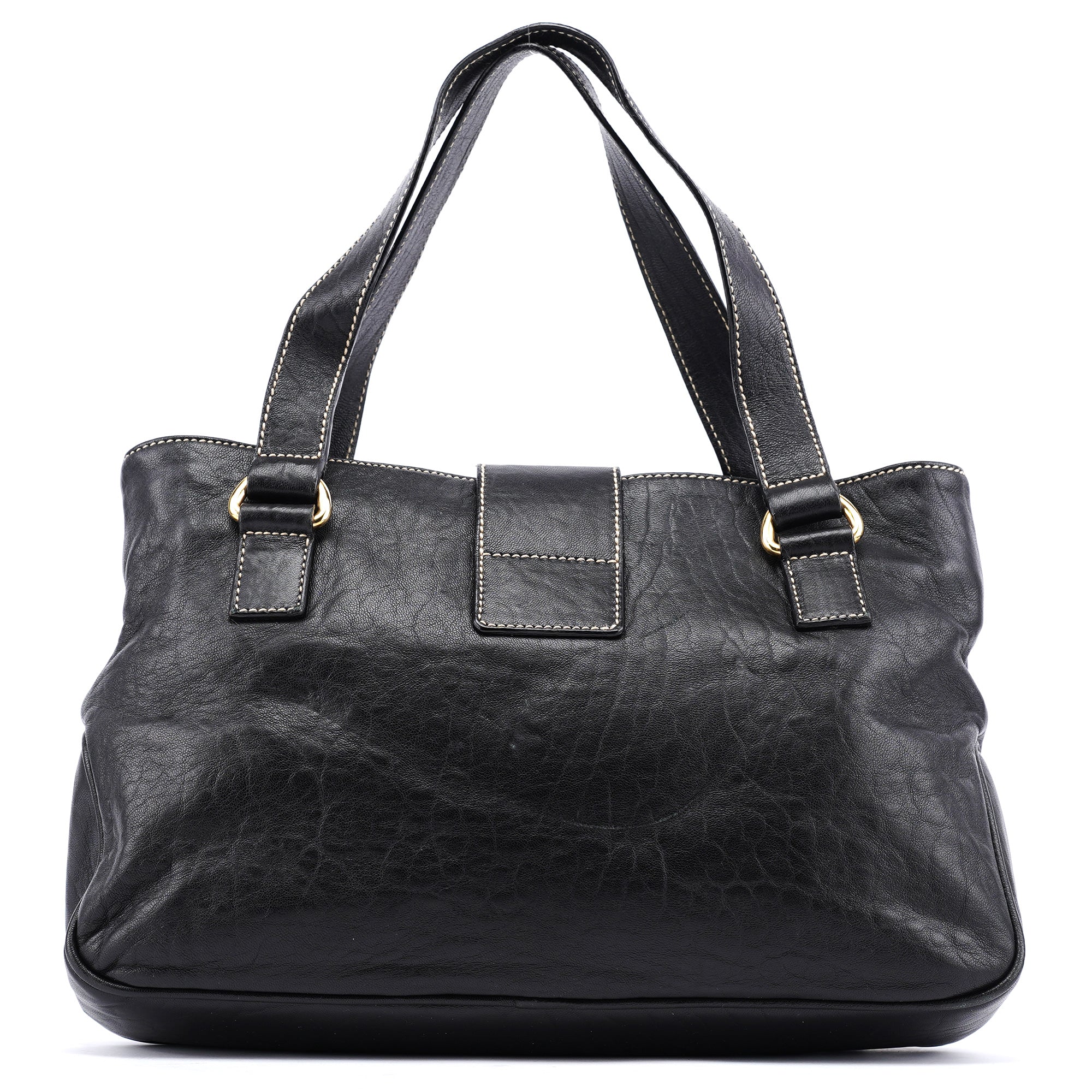 Black Leather Pocket Tote Bag