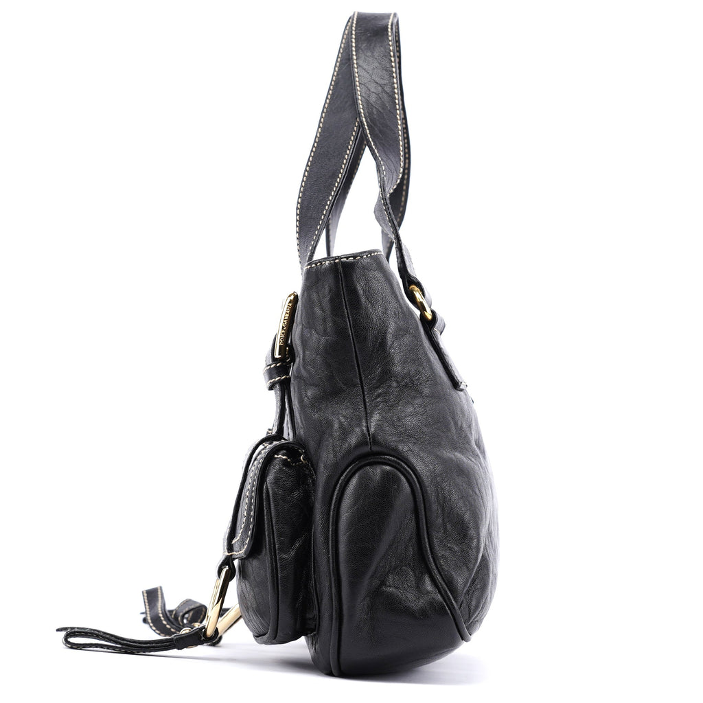 Black Leather Pocket Tote Bag