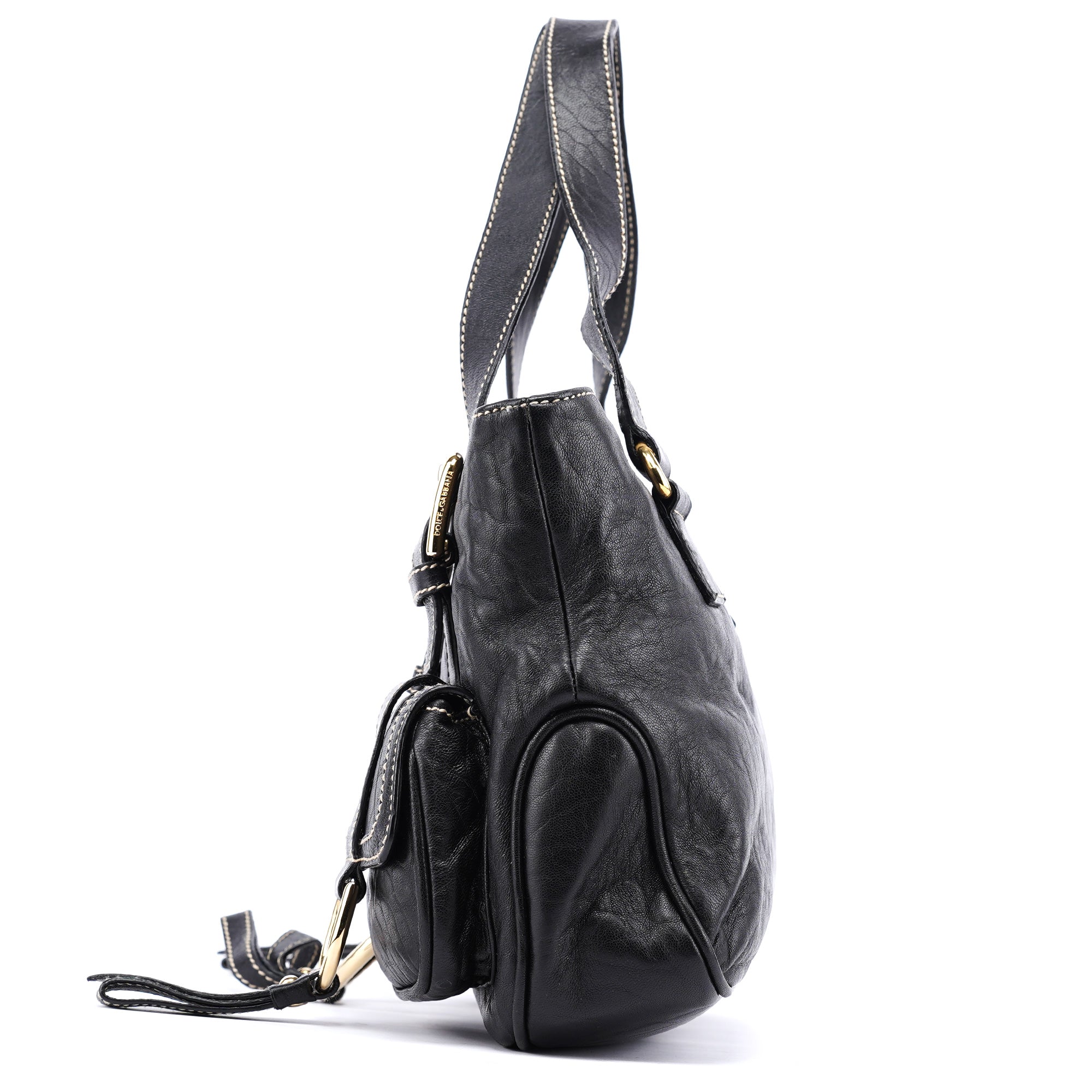Black Leather Pocket Tote Bag