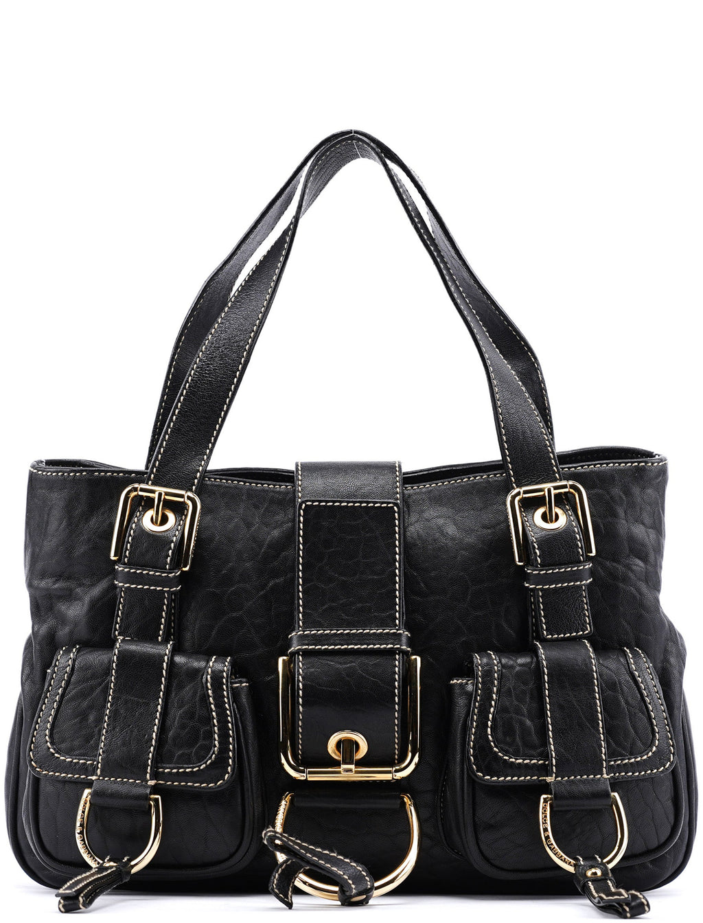 Black Leather Pocket Tote Bag