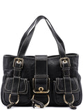 Black Leather Pocket Tote Bag