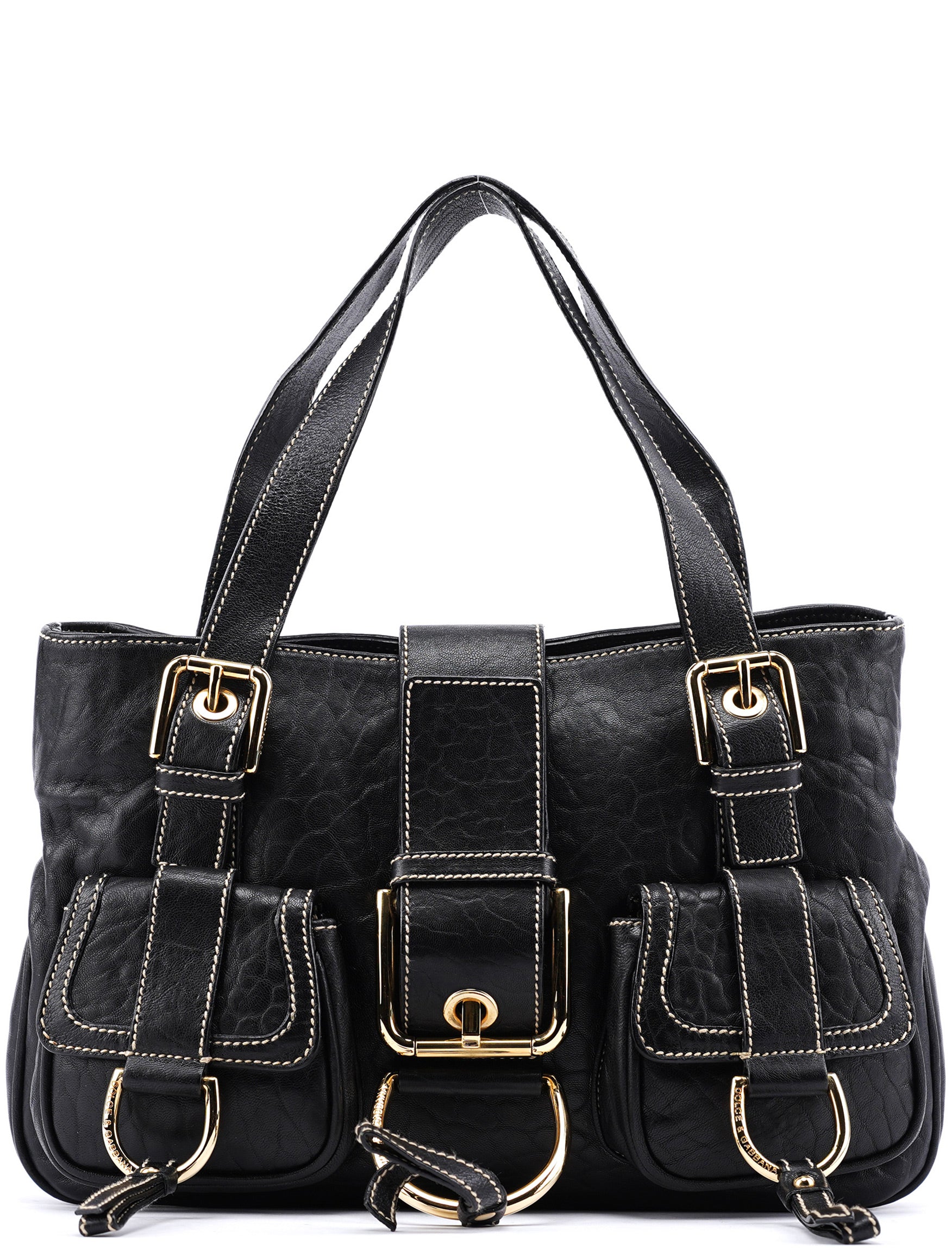 Black Leather Pocket Tote Bag