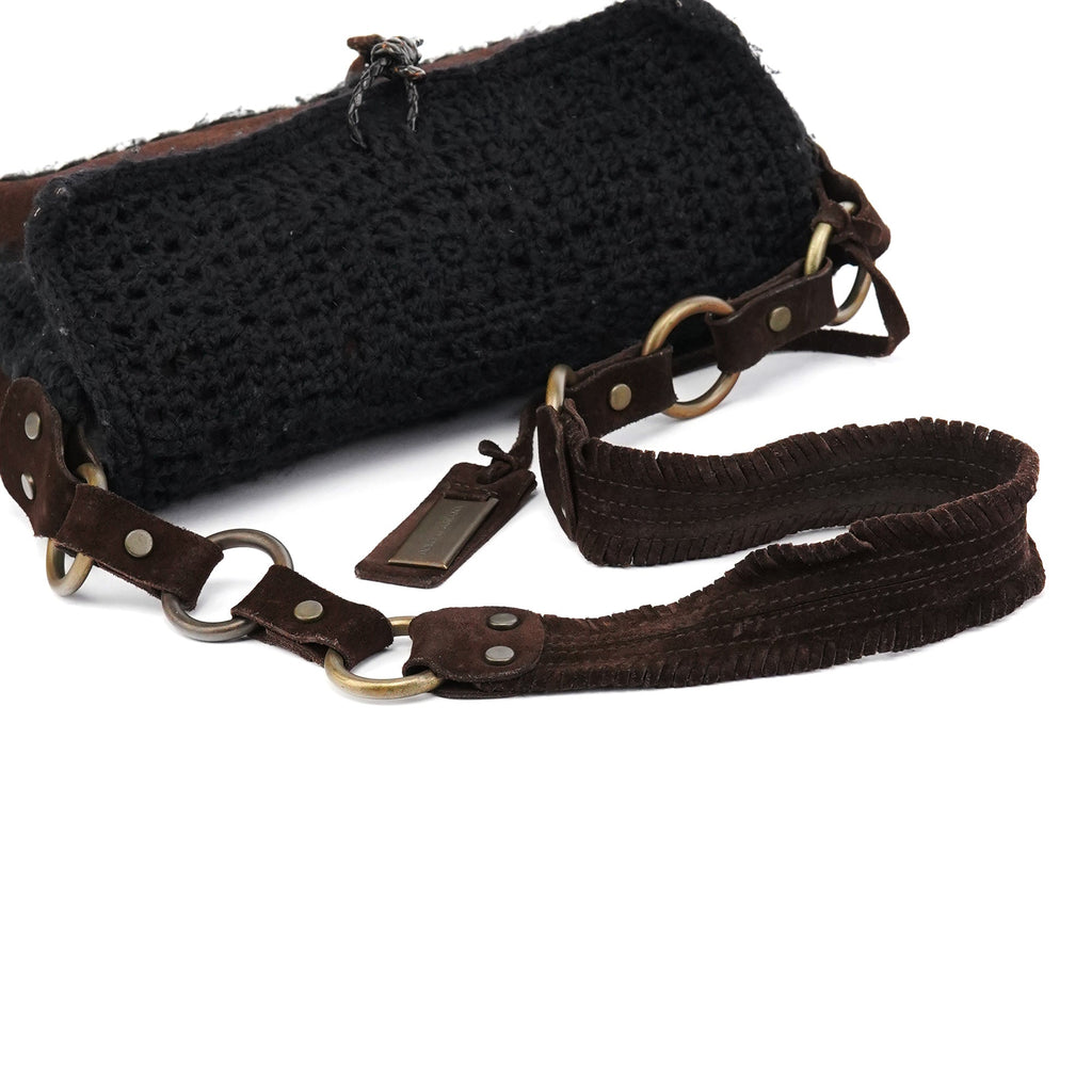 Brown Knit Suede Leather Shoulder Bag