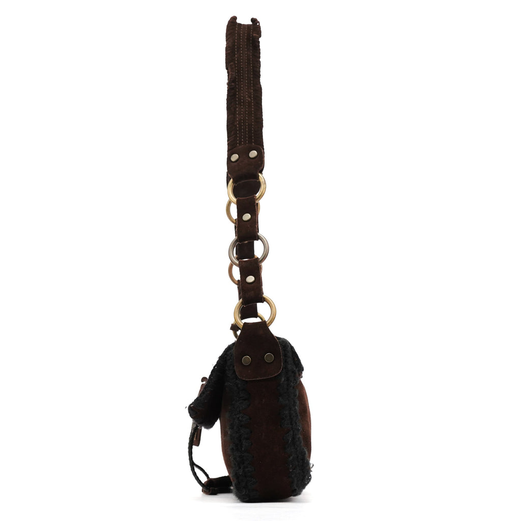 Brown Knit Suede Leather Shoulder Bag