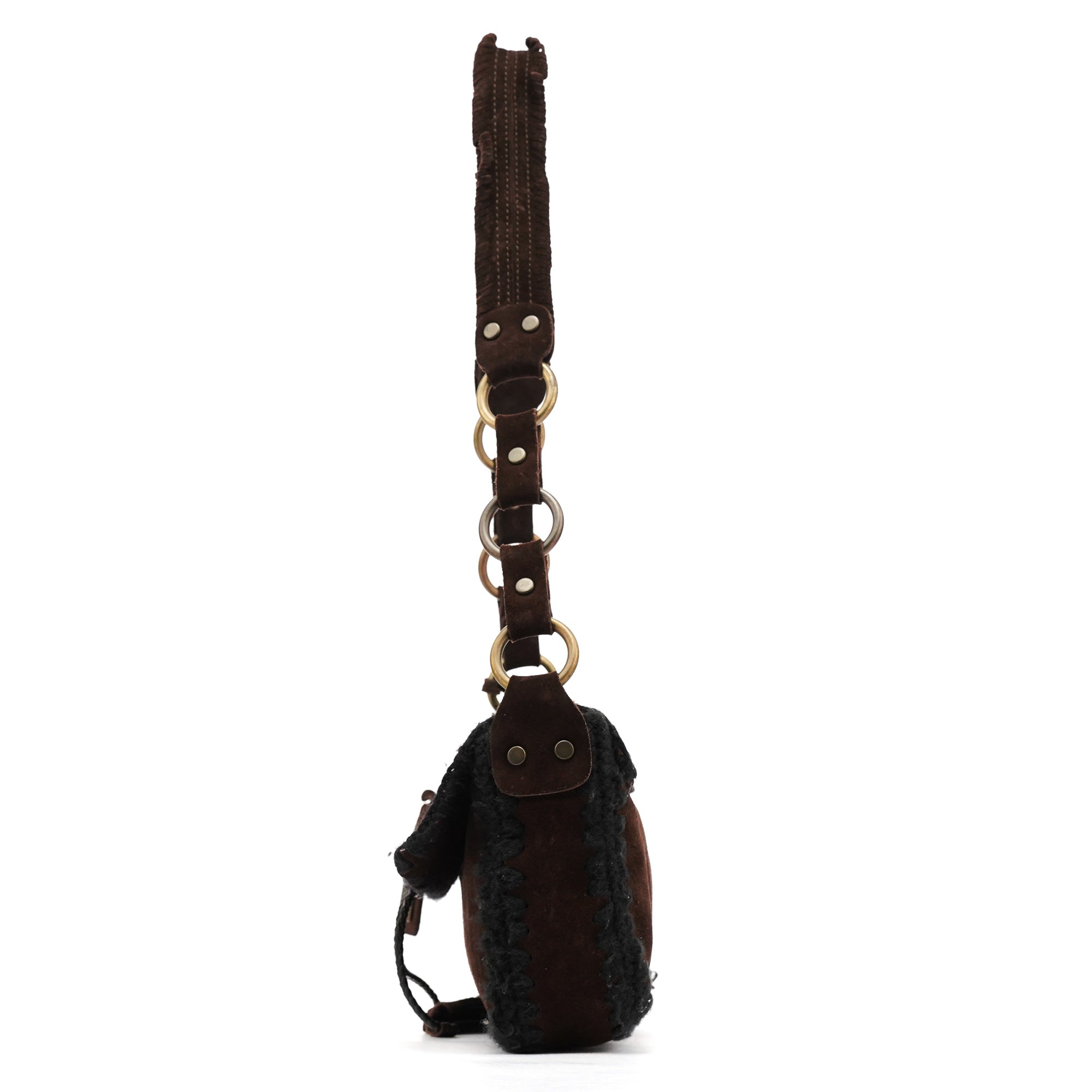 Brown Knit Suede Leather Shoulder Bag