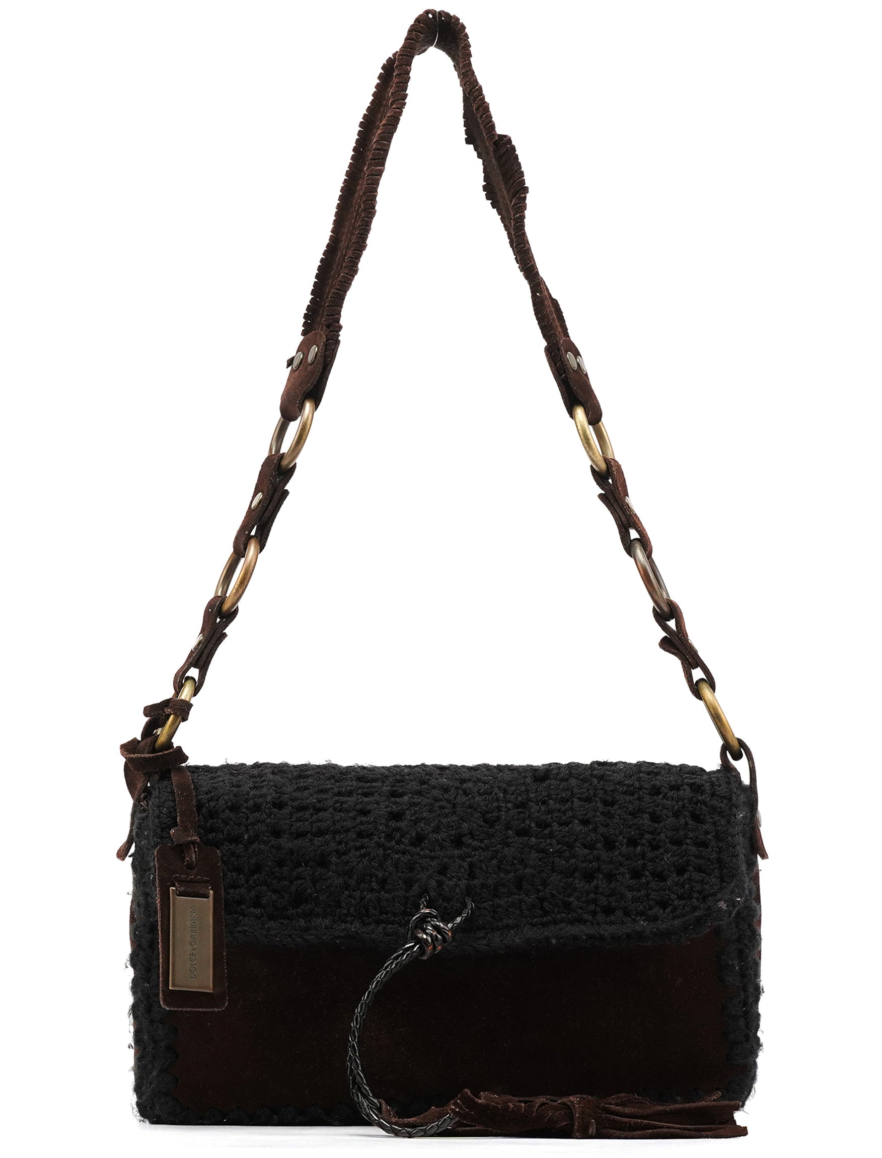 Brown Knit Suede Leather Shoulder Bag