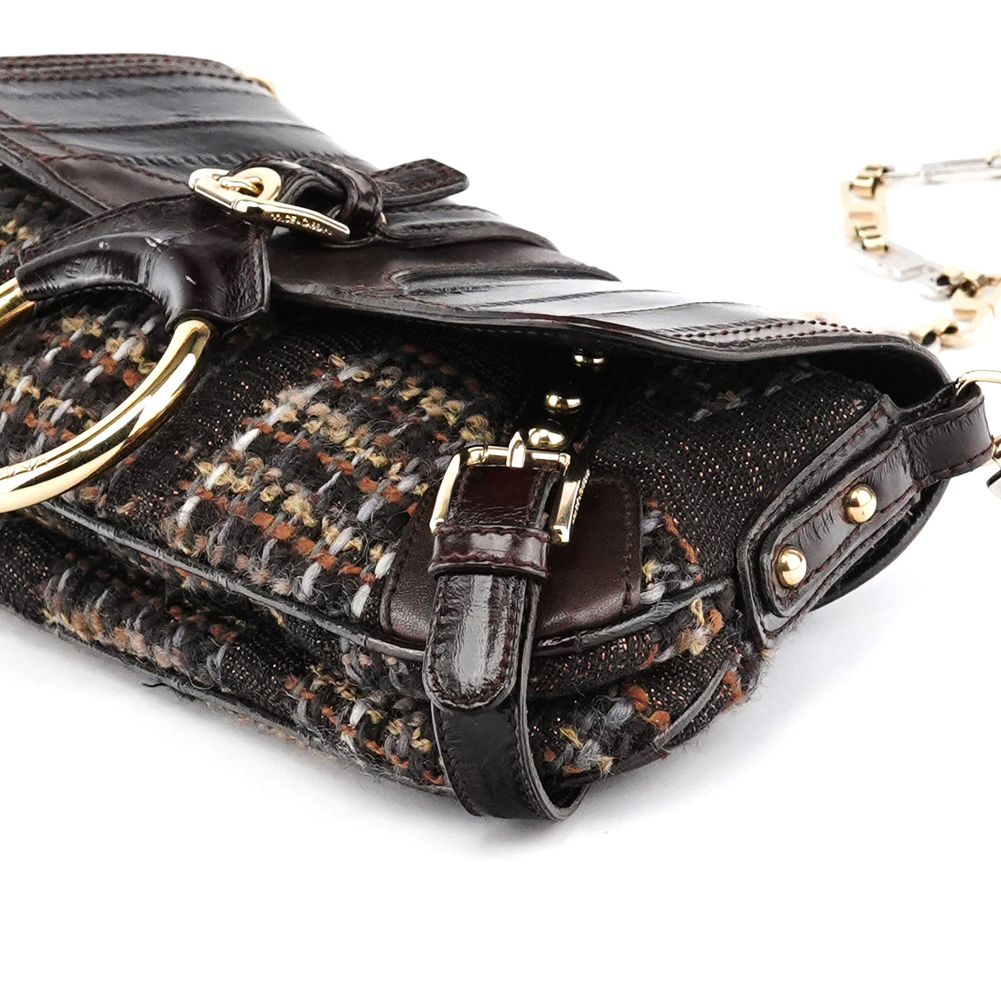 Brown Leather Tweed Shoulder Bag