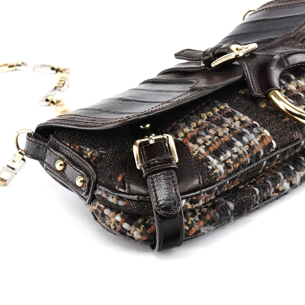 Brown Leather Tweed Shoulder Bag