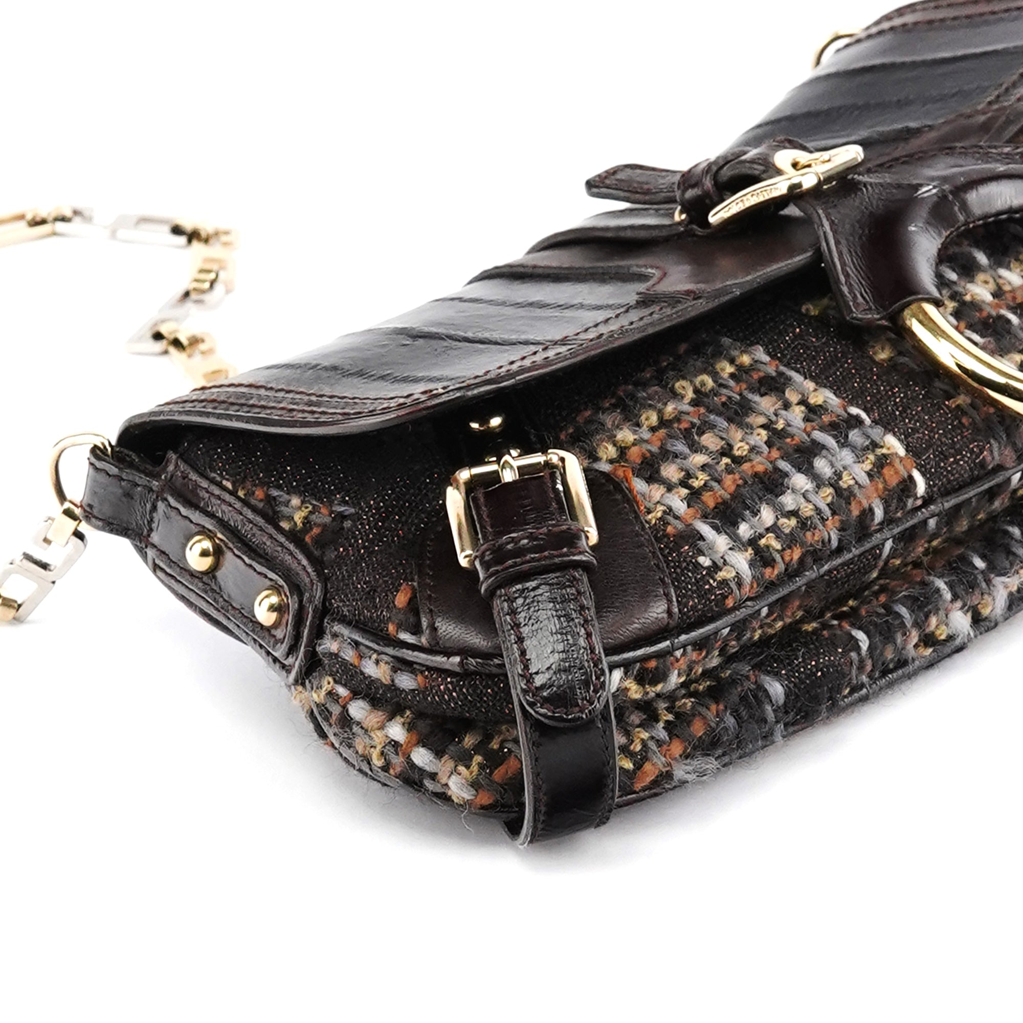 Brown Leather Tweed Shoulder Bag