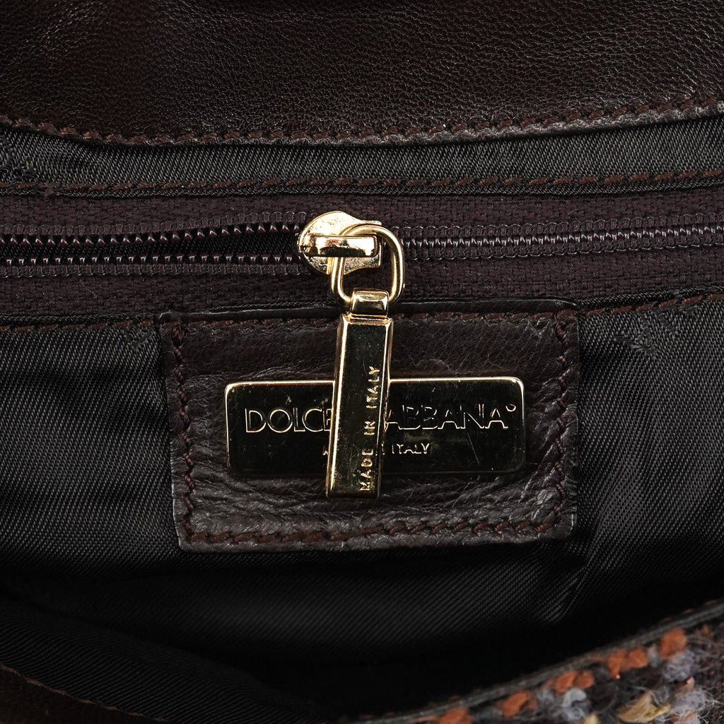 Brown Leather Tweed Shoulder Bag