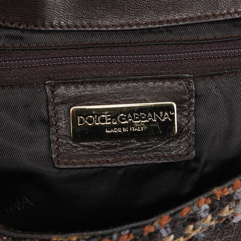 Brown Leather Tweed Shoulder Bag