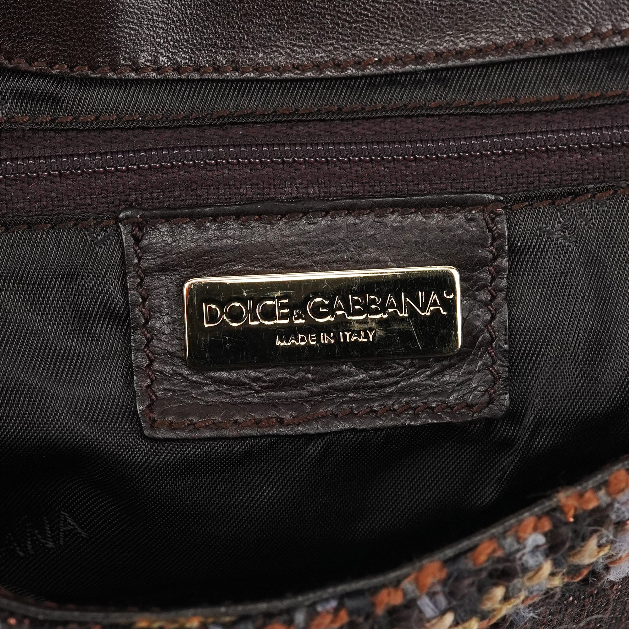 Brown Leather Tweed Shoulder Bag