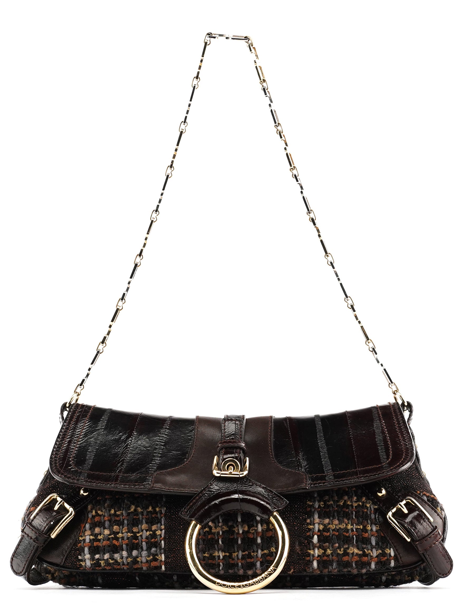 Brown Leather Tweed Shoulder Bag