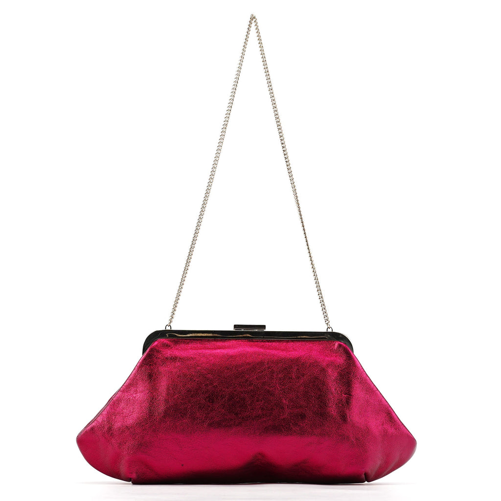 Fuchsia Metallic Leather Frame Shoulder Bag