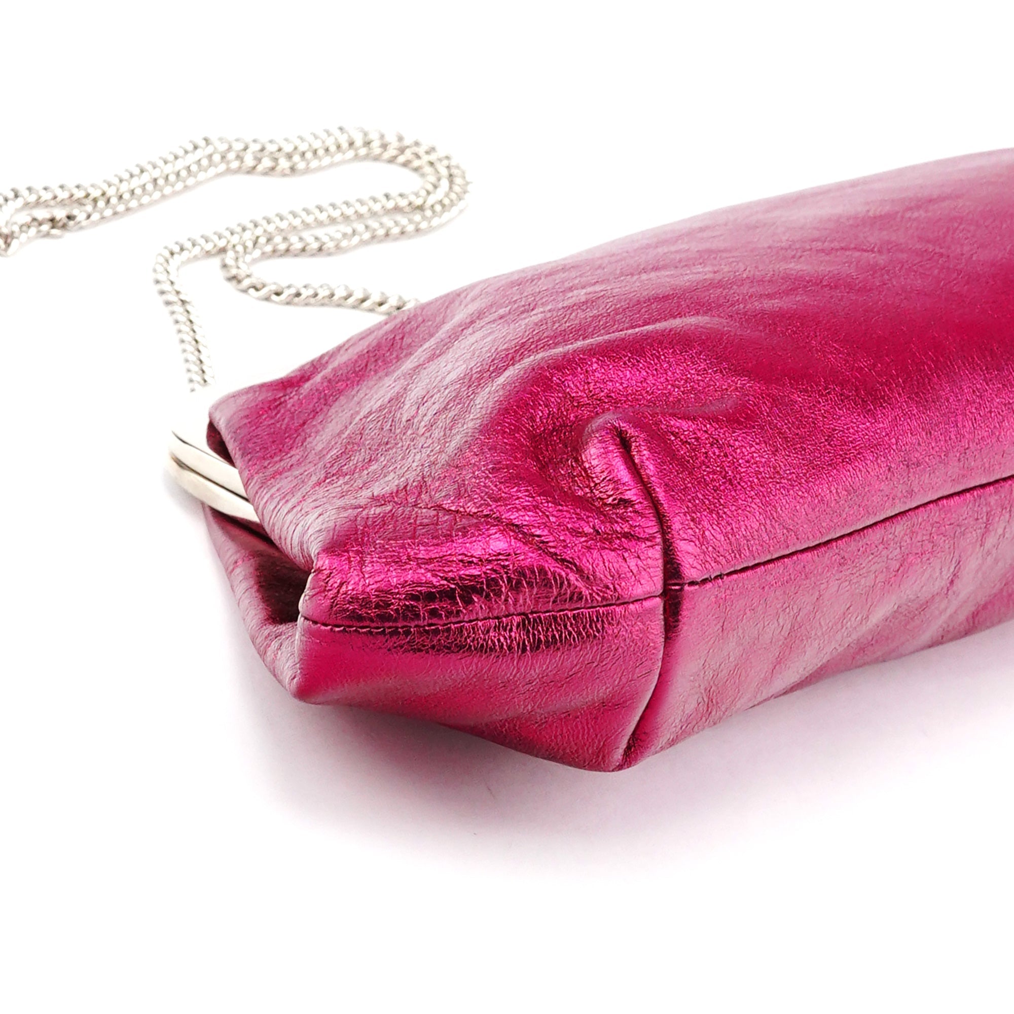 Fuchsia Metallic Leather Frame Shoulder Bag