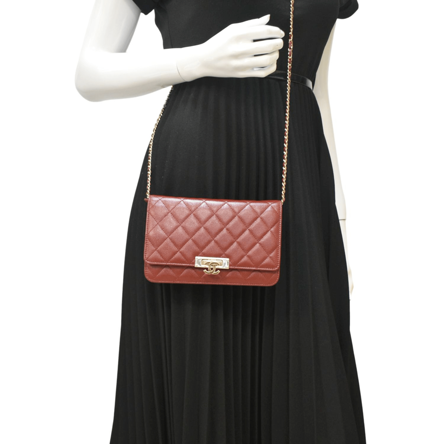 CHANEL Golden Class Quilted Caviar Leather Wallet on Chain Bag Maroon
