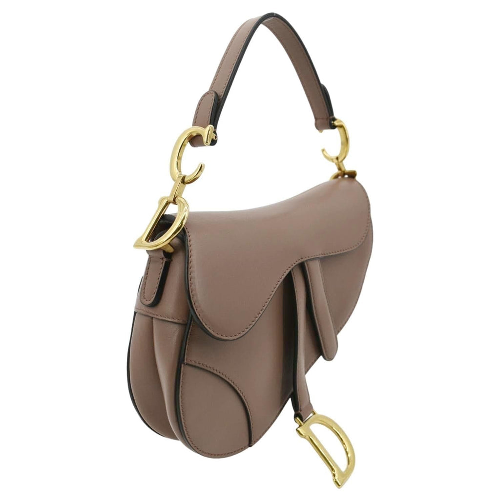CHRISTIAN DIOR Saddle Calfskin Leather Satchel Bag Rose Taupe