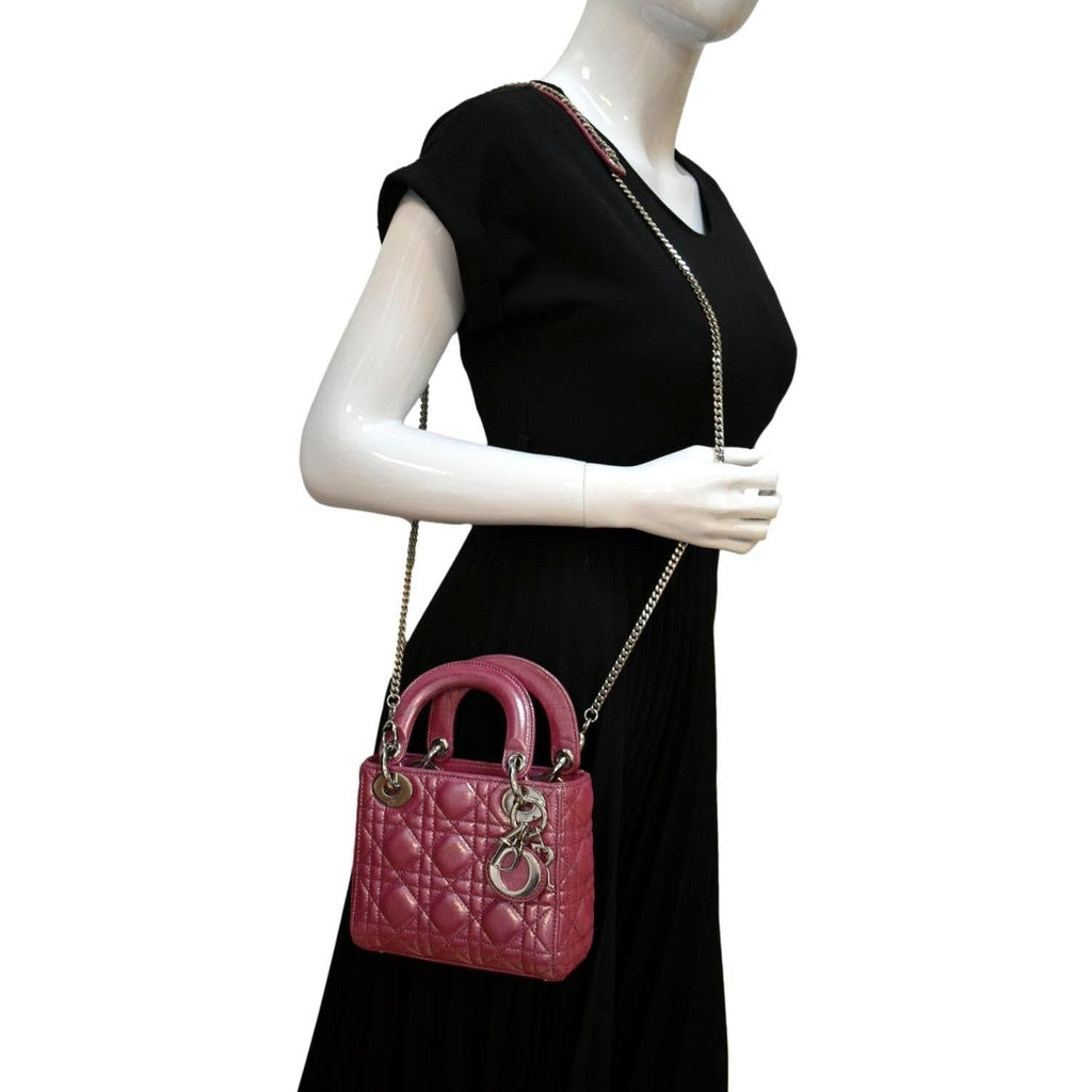 CHRISTIAN DIOR Mini Lady Dior Pearlescent Cannage Lambskin Shoulder Bag Pink