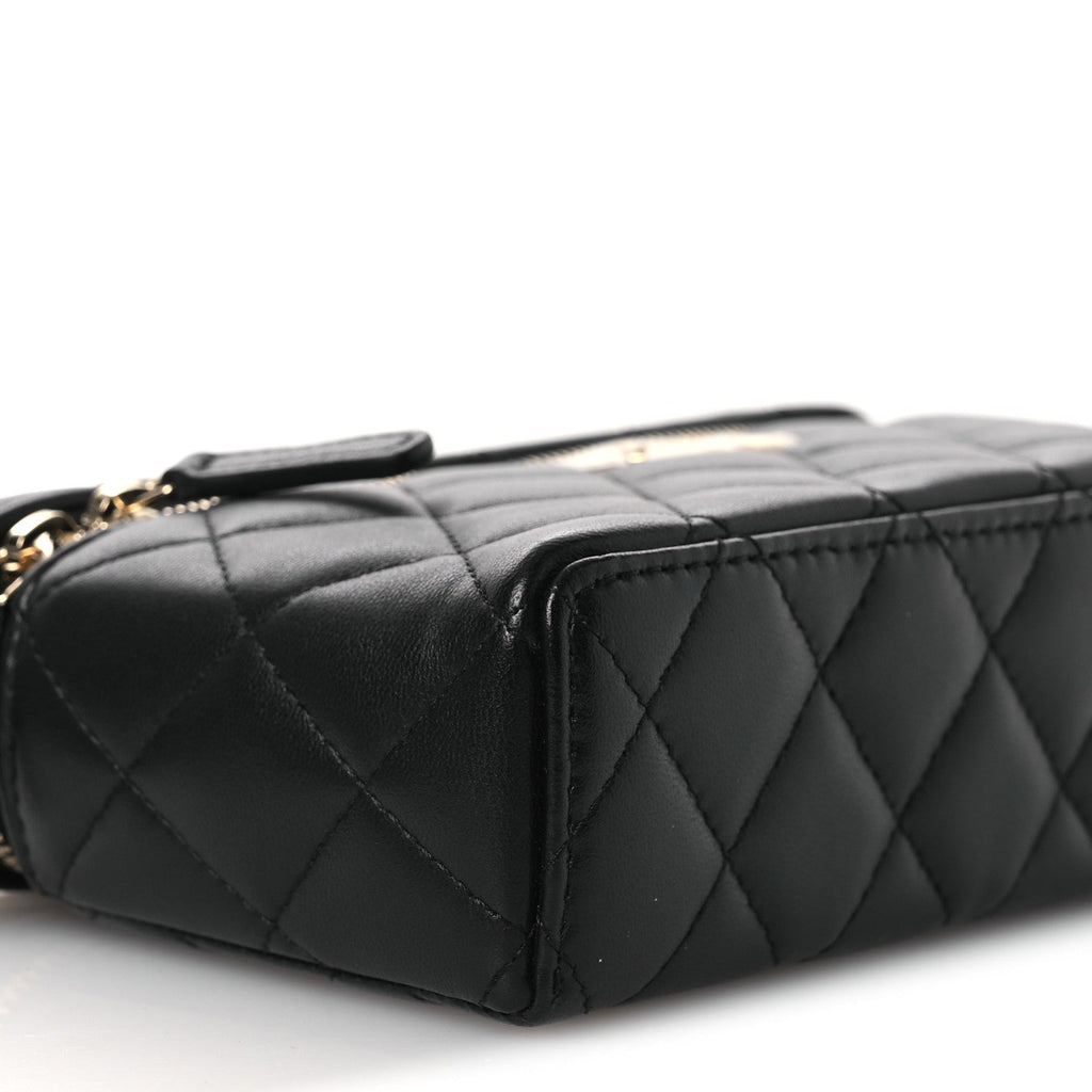 Lambskin Quilted Crystal CC Top Handle Slim Vanity Case With Chain Black