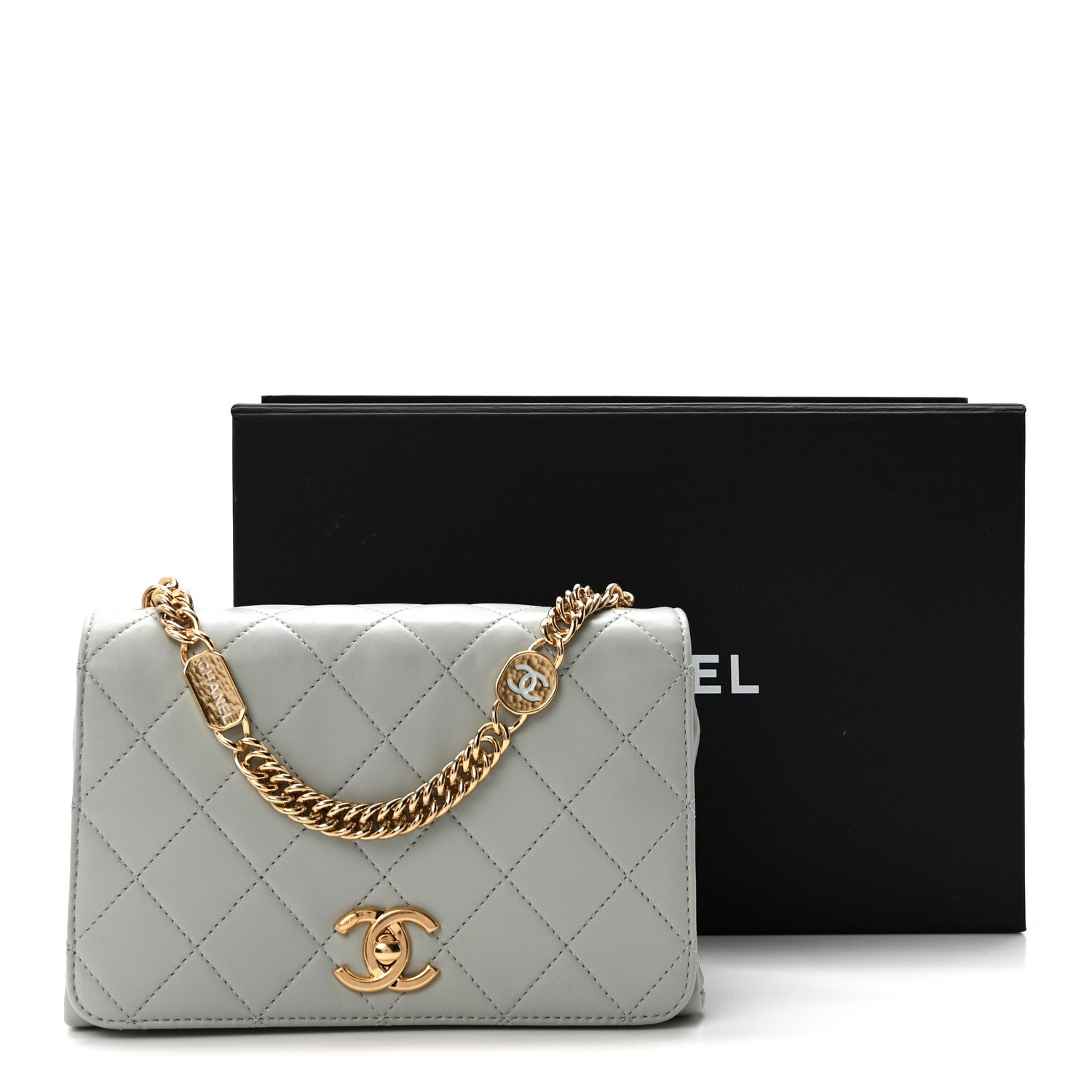 Calfskin Quilted Enamel Chain Flap Grey